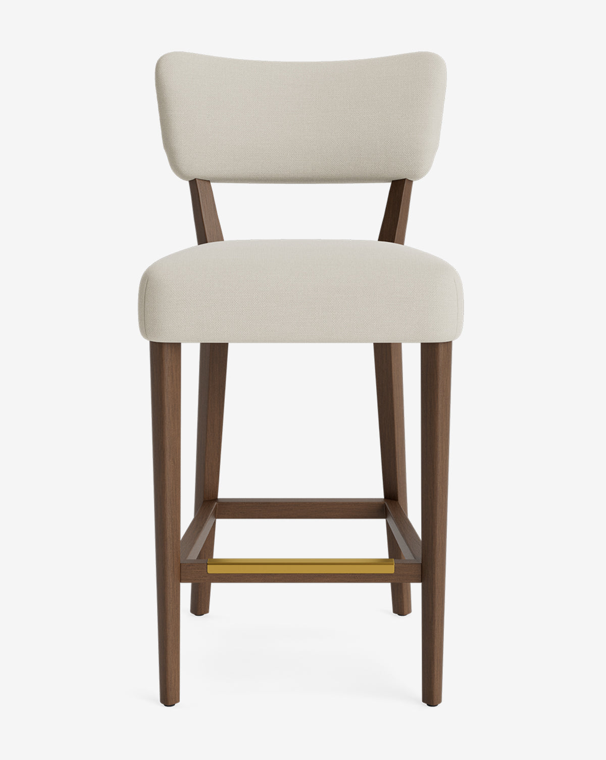 The Makerspalm Etienne Stool features a light beige upholstered seat and backrest, wooden legs, and a brass footrest, shown against a plain white background. Vendixs