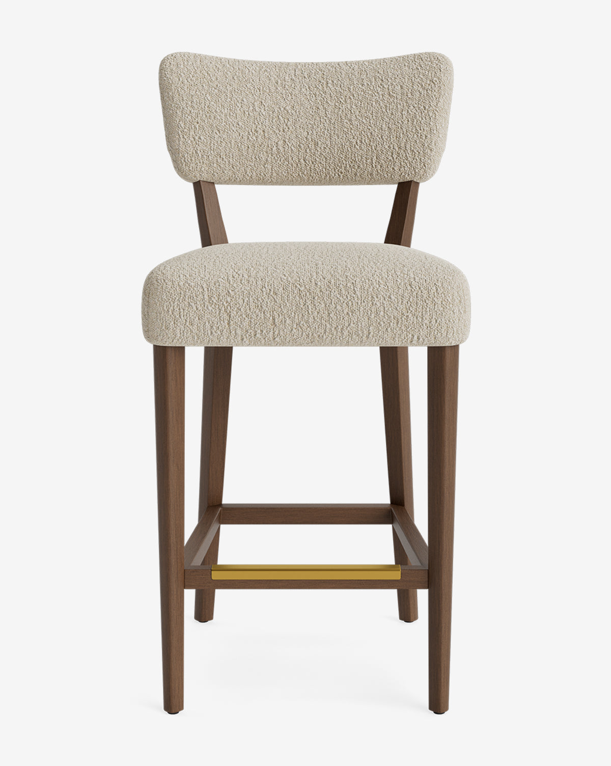 The Makerspalm Etienne Stool is a modern, vintage-inspired bar stool with a customizable beige upholstered seat and backrest, wooden legs, and a horizontal brass footrest, displayed against a plain white background. Vendixs