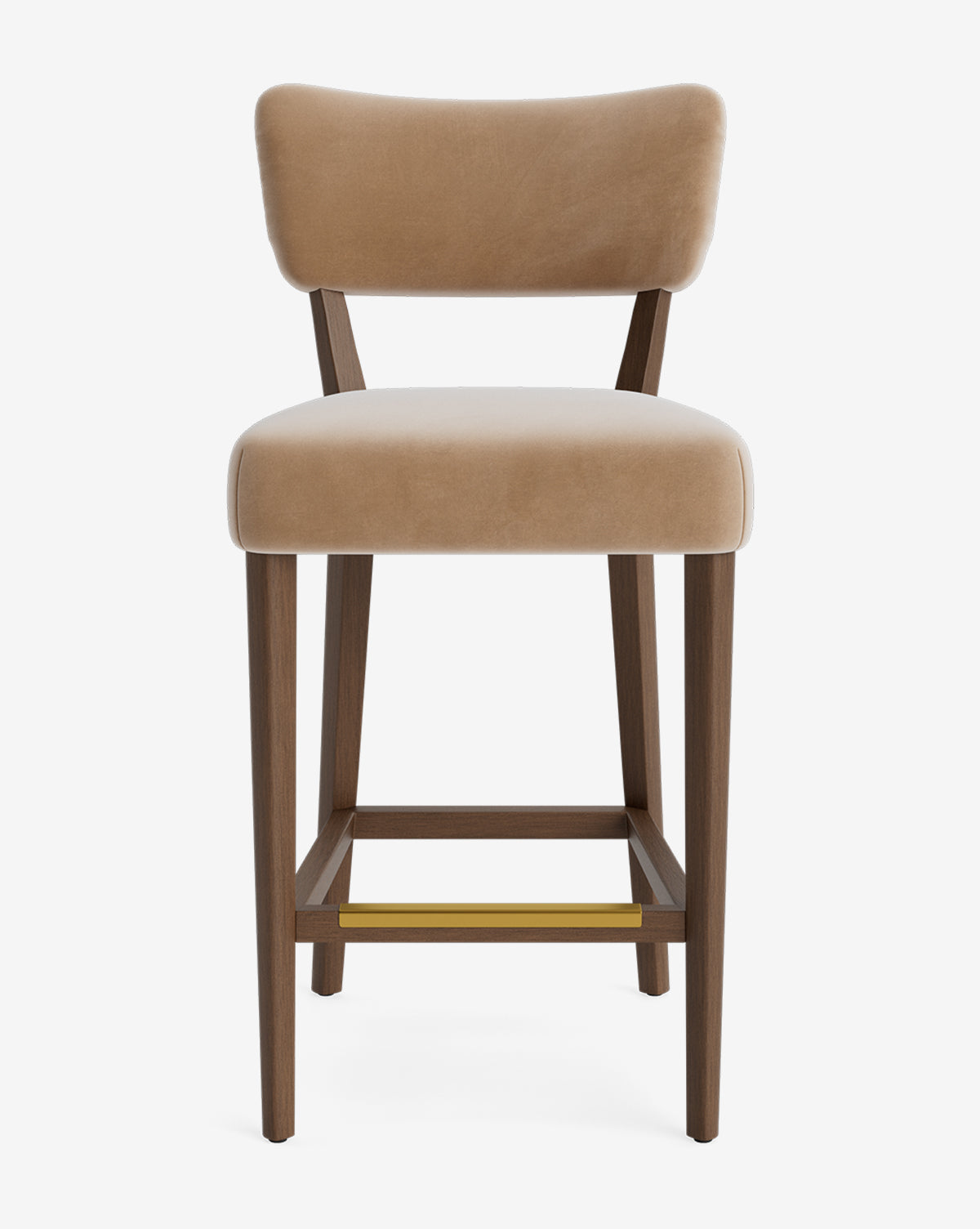 Front view of the customizable Makerspalm Etienne Stool, a vintage-inspired modern bar stool with beige upholstery, wooden legs, and a gold-colored footrest shown against a white background. Vendixs