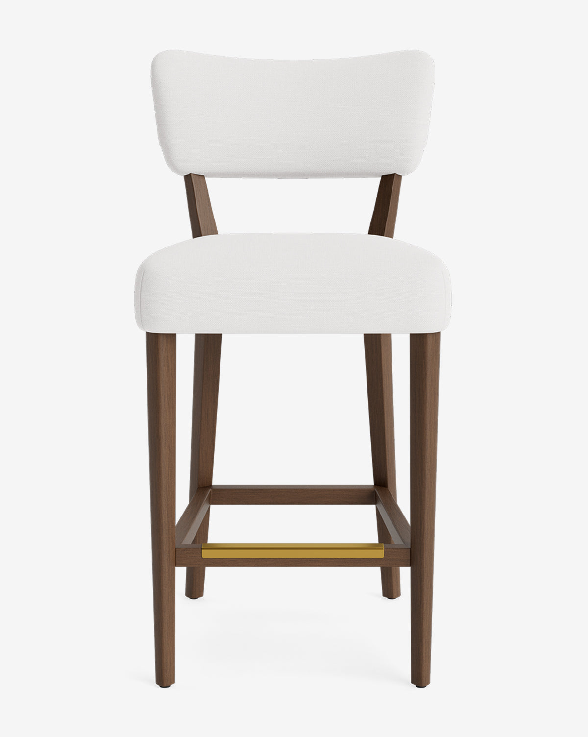The Makerspalm Etienne Stool features a white cushioned seat and backrest, four wooden legs with a brass footrest, and a sleek design that blends modern comfort with classic vintage-inspired style. Vendixs