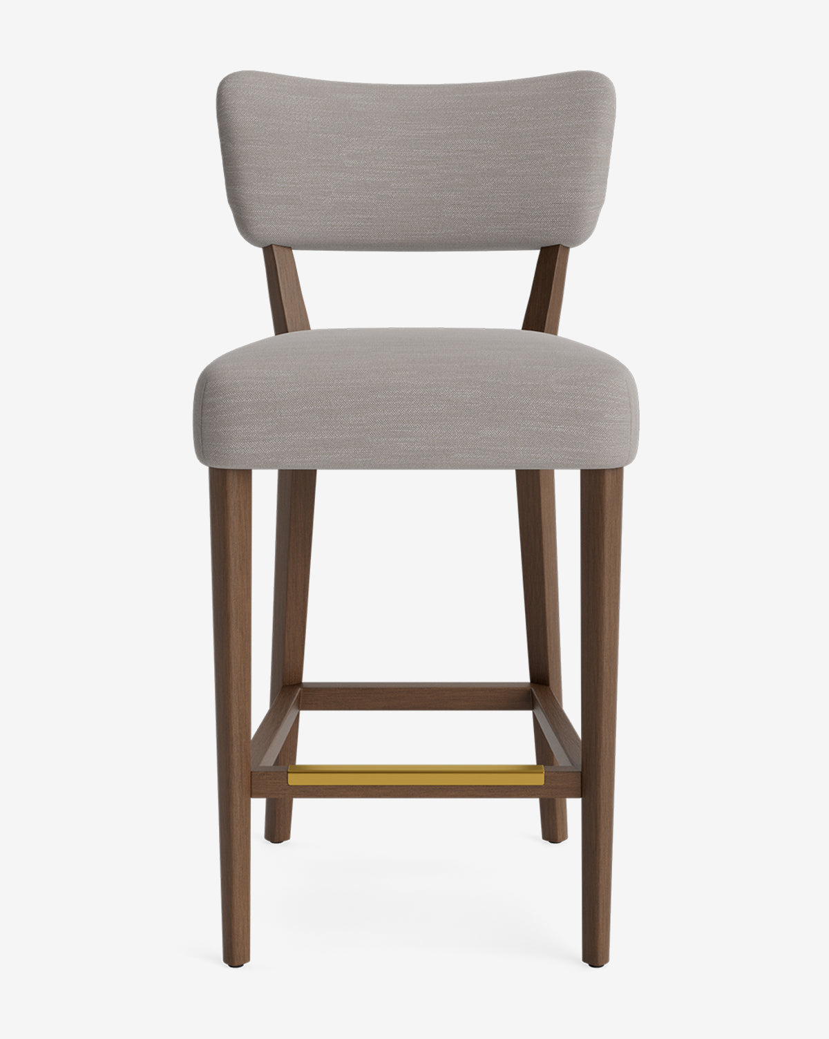 The Makerspalm Etienne Stool is a modern, vintage-inspired bar stool featuring a light gray cushioned seat and backrest, wooden legs, and a brass-colored footrest, shown against a white background. Vendixs
