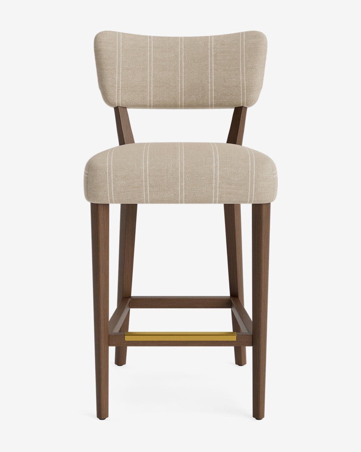 The Makerspalm Etienne Stool features beige upholstery with white stripes, a curved backrest, wooden legs, and a brass footrest. This vintage-inspired, customizable design is shown on a plain white background. Vendixs