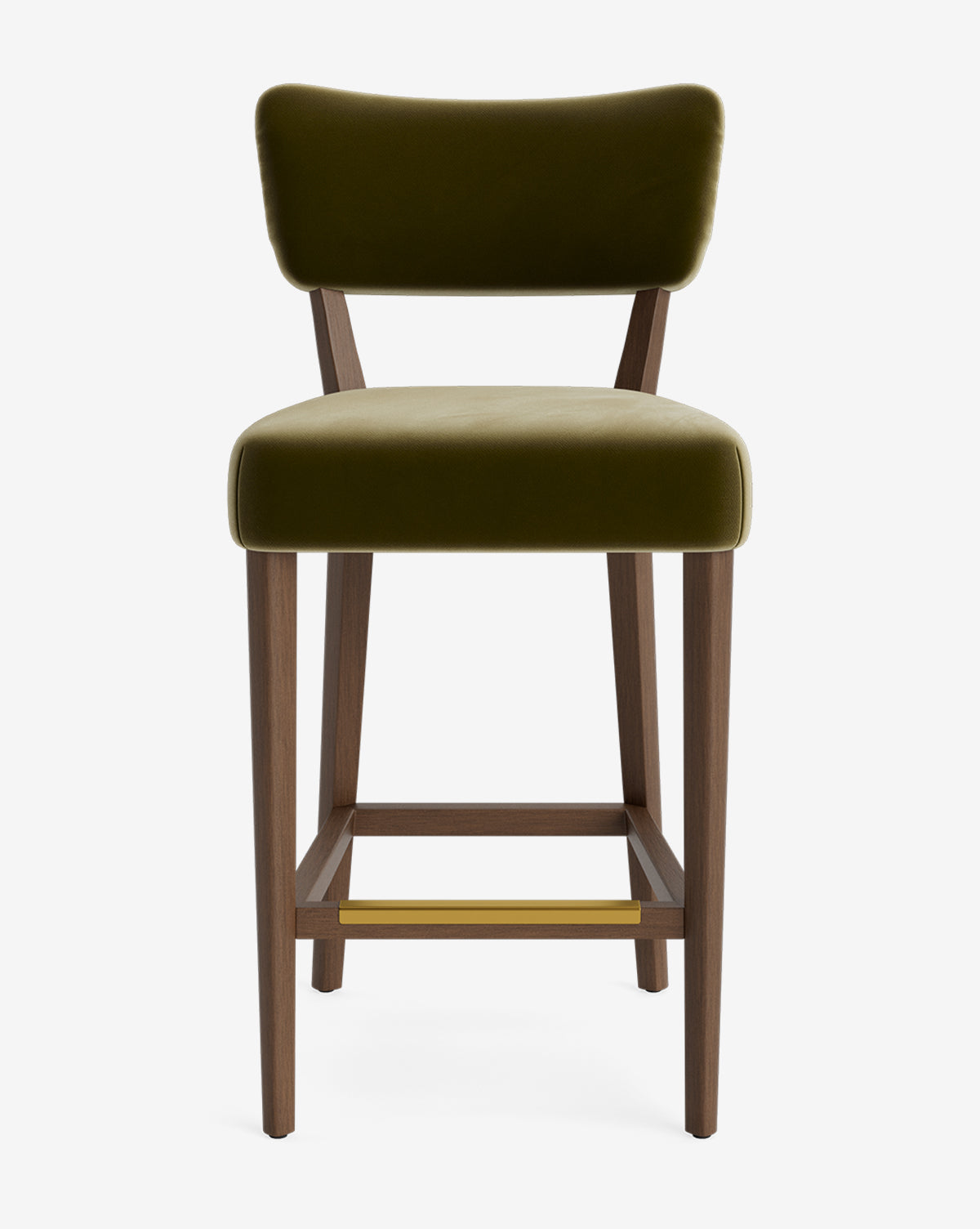 The Makerspalm Etienne Stool features green velvet upholstery, a curved backrest and seat, four angled wooden legs, and a simple footrest—shown against a white background. Vendixs