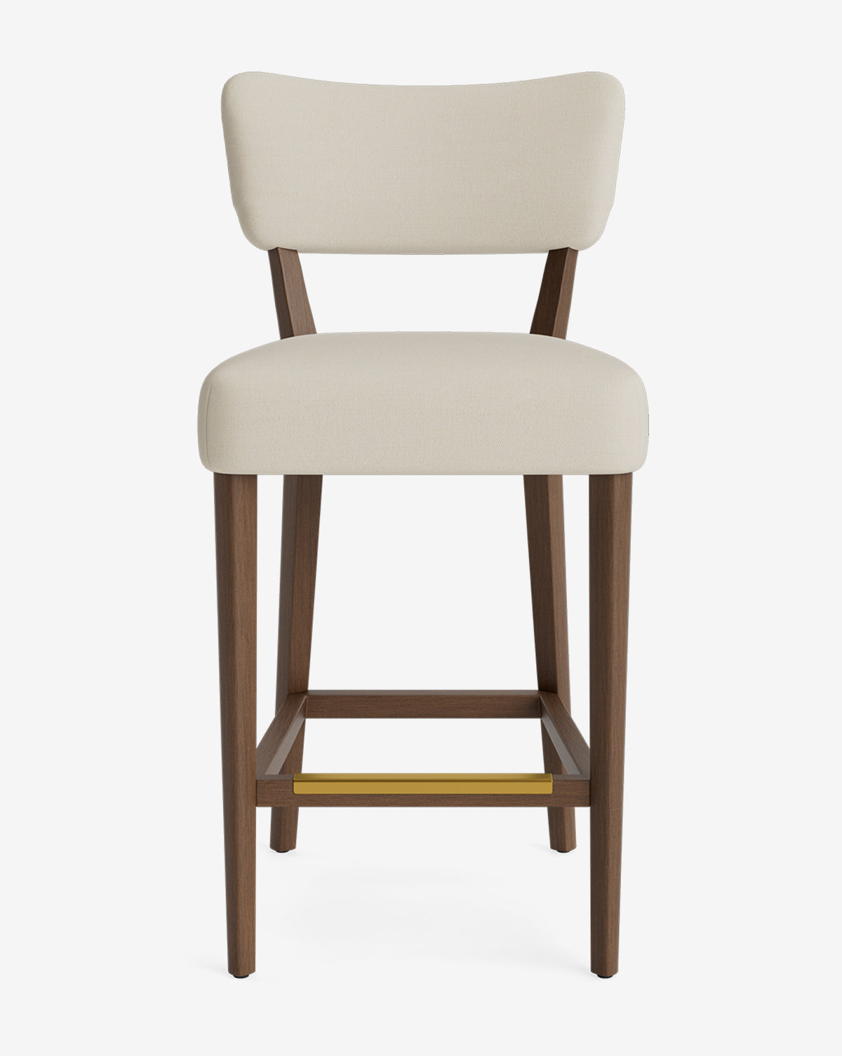 The Makerspalm Etienne Stool is a vintage-inspired modern bar stool featuring a light beige upholstered seat and backrest, straight wooden legs, and a gold-colored footrest bar by Vendixs