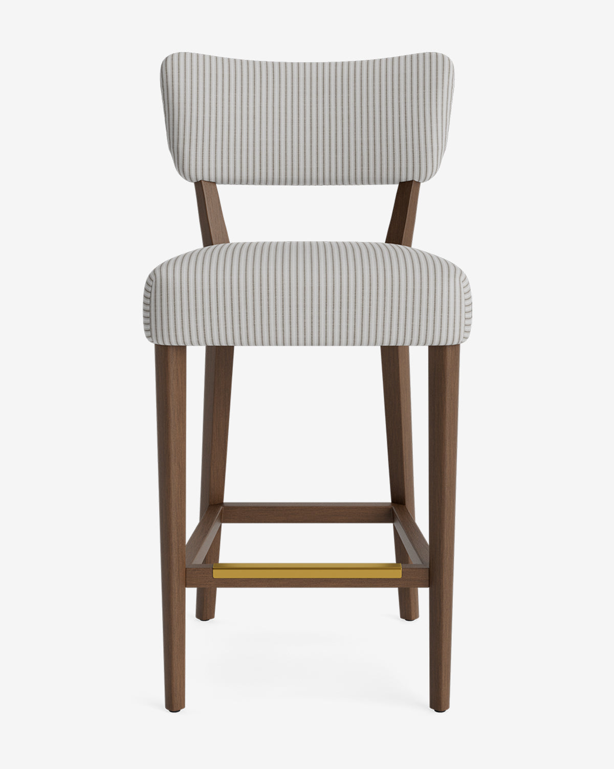 The Makerspalm Etienne Stool is a modern, vintage-inspired barstool with a cushioned, light gray vertically striped seat and backrest, dark wooden legs, and a brass-colored footrest. Vendixs