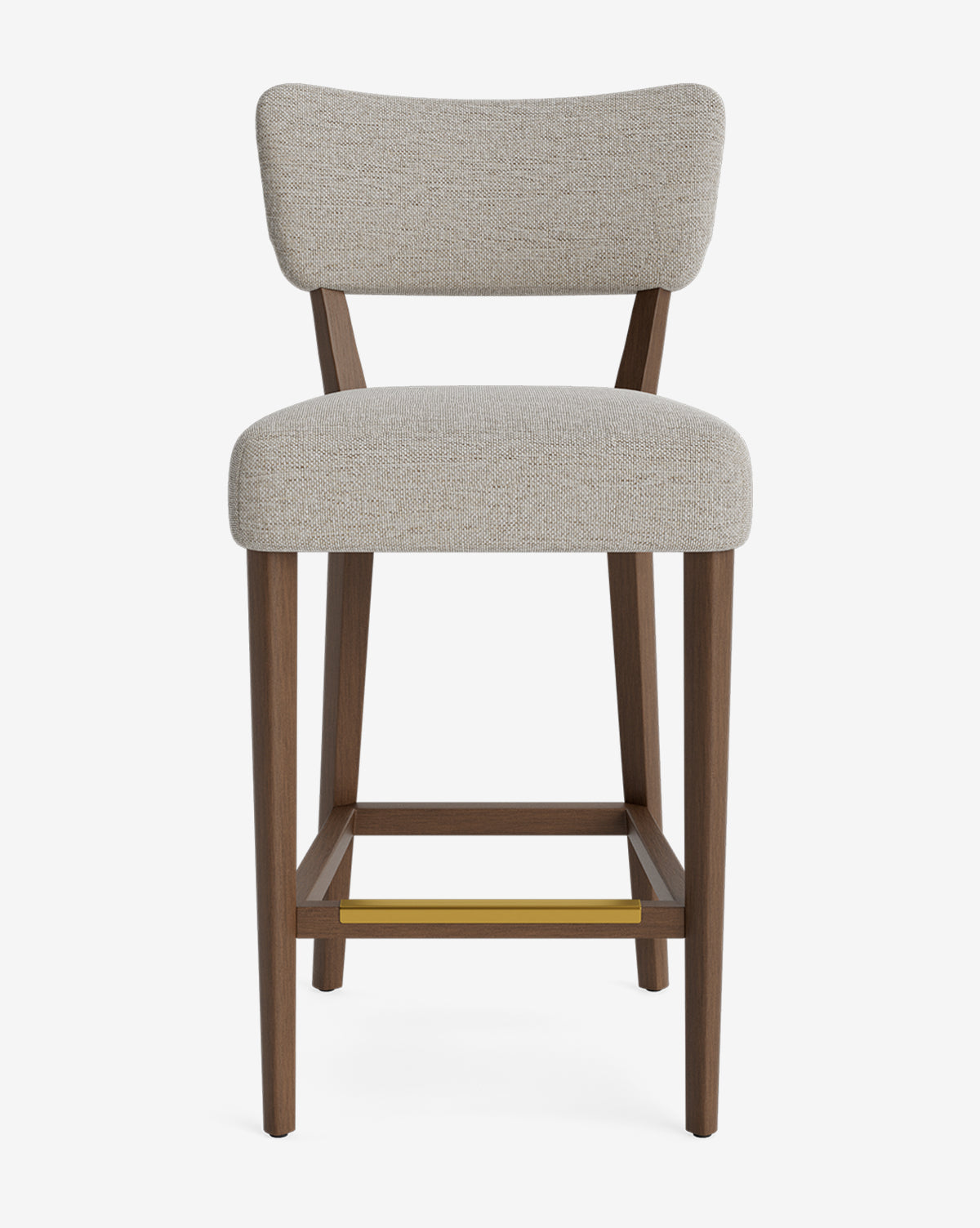 The Makerspalm Etienne Stool is a vintage-inspired bar stool with wooden legs, light beige upholstered seat and backrest, and metal footrest, all customizable to your style, shown against a plain white background, Vendixs