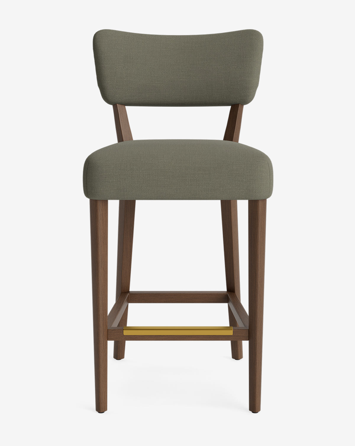 Front view of the Makerspalm Etienne Stool, a vintage-inspired modern bar stool with an olive green upholstered seat and backrest, wooden legs, and a brass footrest, shown against a plain white background. Vendixs