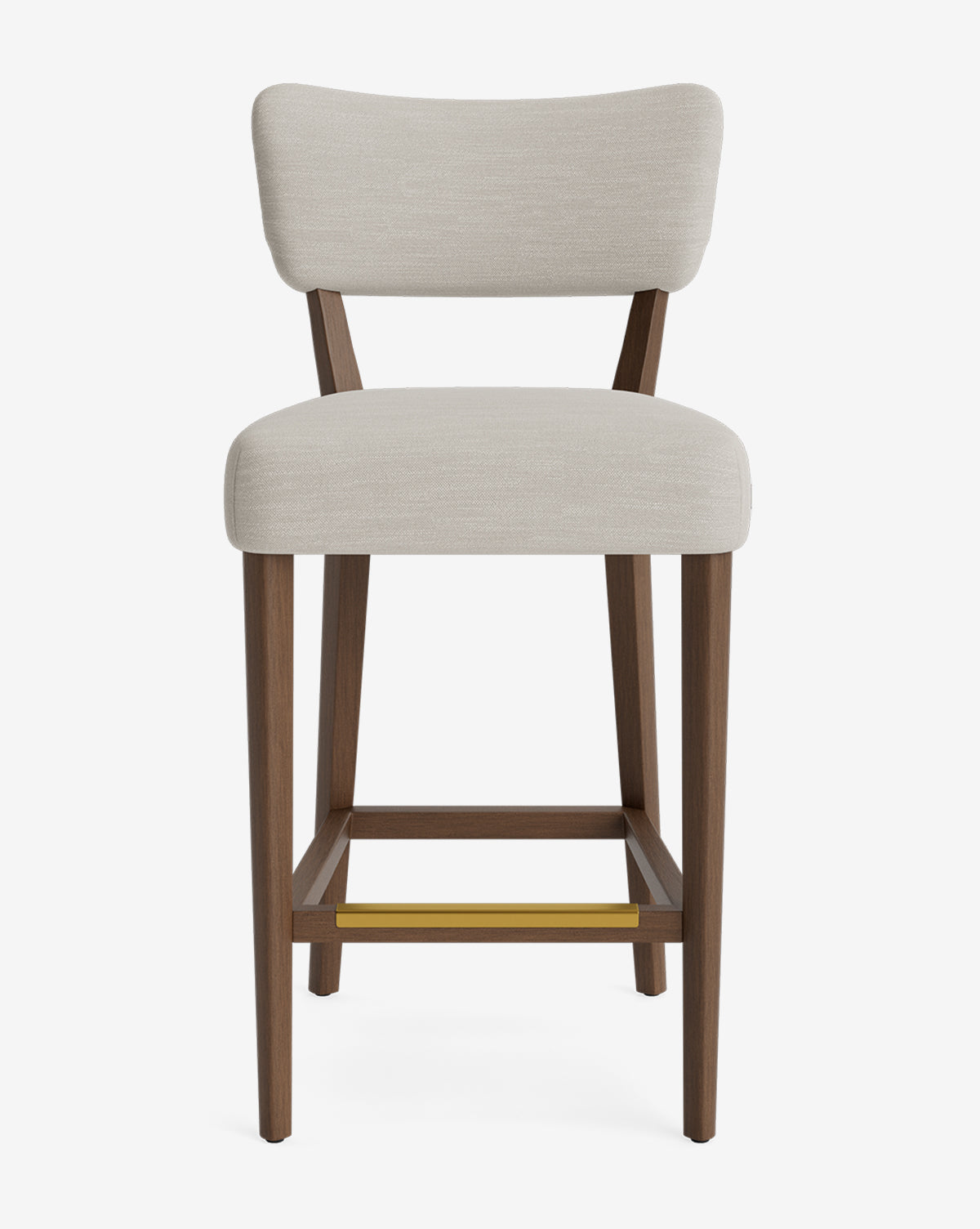 The Makerspalm Etienne Stool features a light beige upholstered seat and backrest, four wooden legs, and a metal footrest. Its simple, vintage-inspired design offers timeless appeal in a modern bar stool. Vendixs