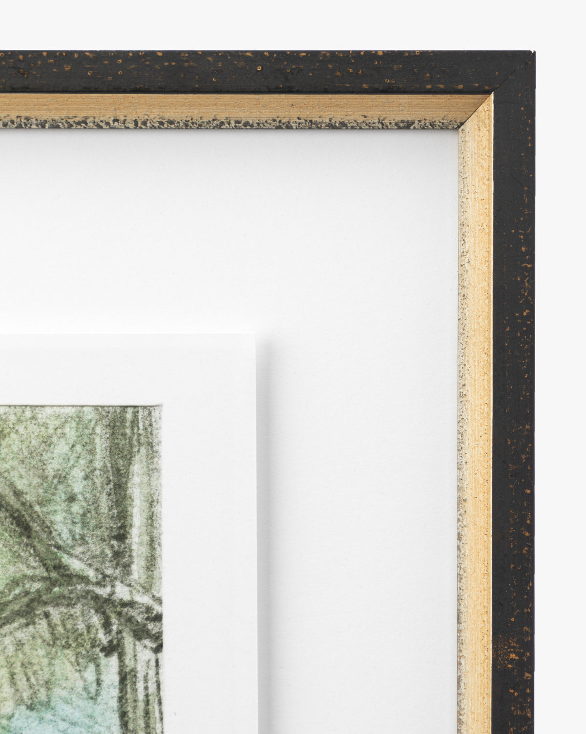 Close-up of Eucalyptus Windows in a distressed black and gold frame with white mat, highlighting a section of the green and grey-toned artwork.