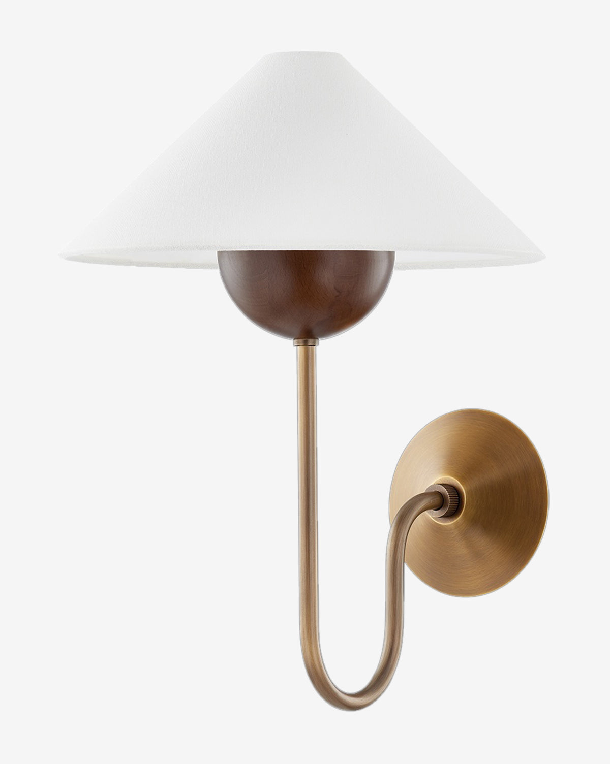 The Evan Sconce by Troy Lighting showcases a patina brass finish, curved arm, round backplate, dark wood accent, and wide white linen shade for timeless elegance. Vendixs