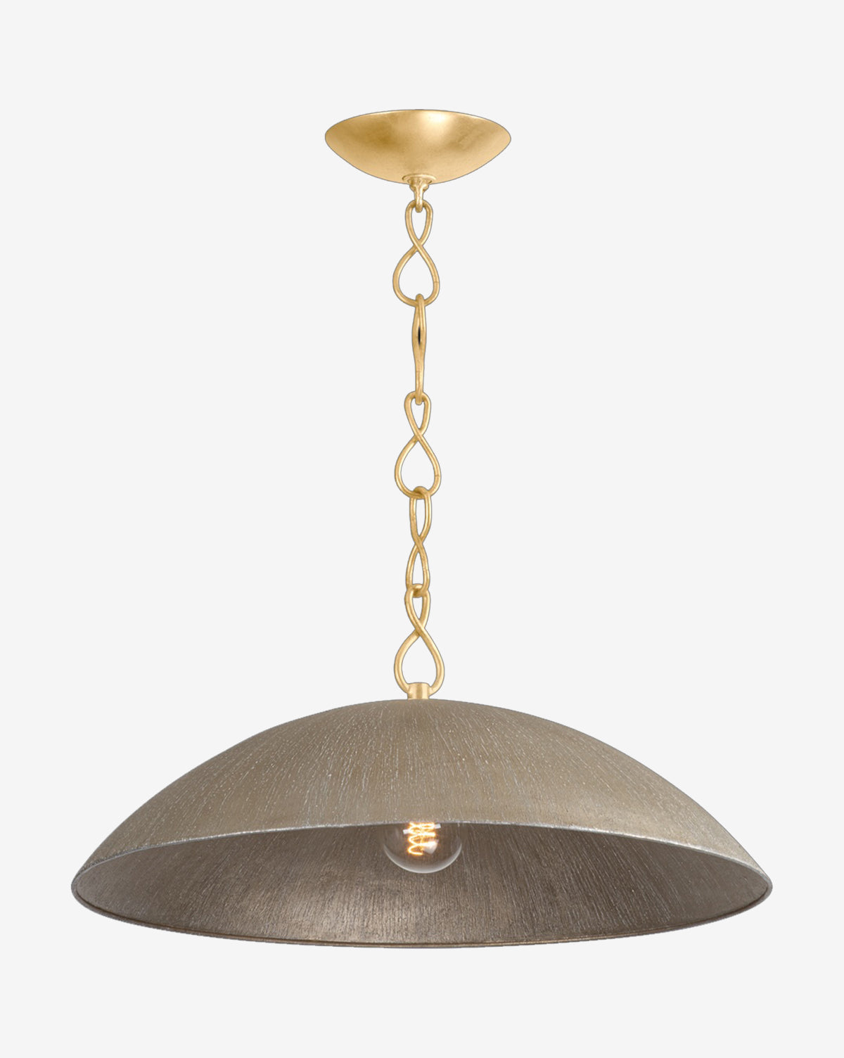 The Eve Pendant by Hudson Valley Lighting features a dome-shaped, textured silver shade with an exposed bulb, suspended from a gold leaf chain and canopy—an elegant modern lighting option by Vendixs