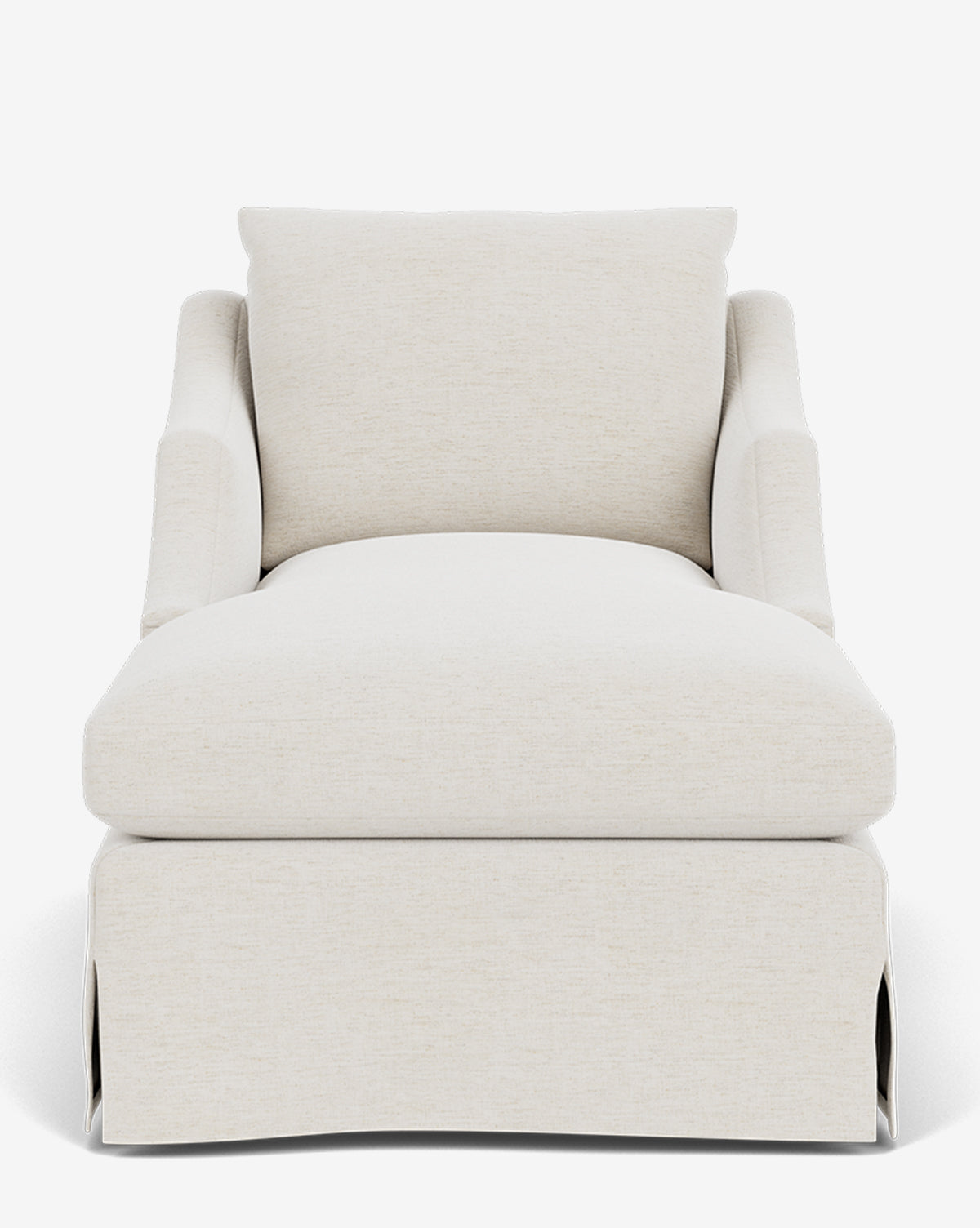 Front view of the Community Everleigh Slipcover Chaise Lounge with off-white upholstery, straight back, wide armrests, and a skirted base, set against a plain white background. Vendixs