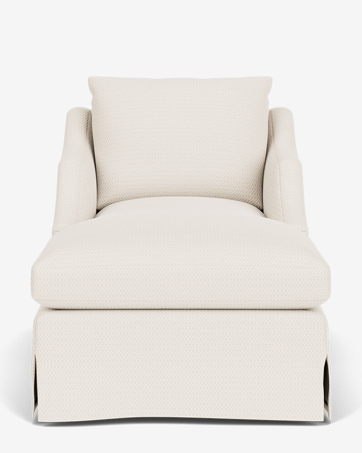 A front-facing view of the Everleigh Slipcover Chaise Lounge, a cream upholstered chaise with plush back cushion and skirted base, shown against a plain white background by McGee & Co.