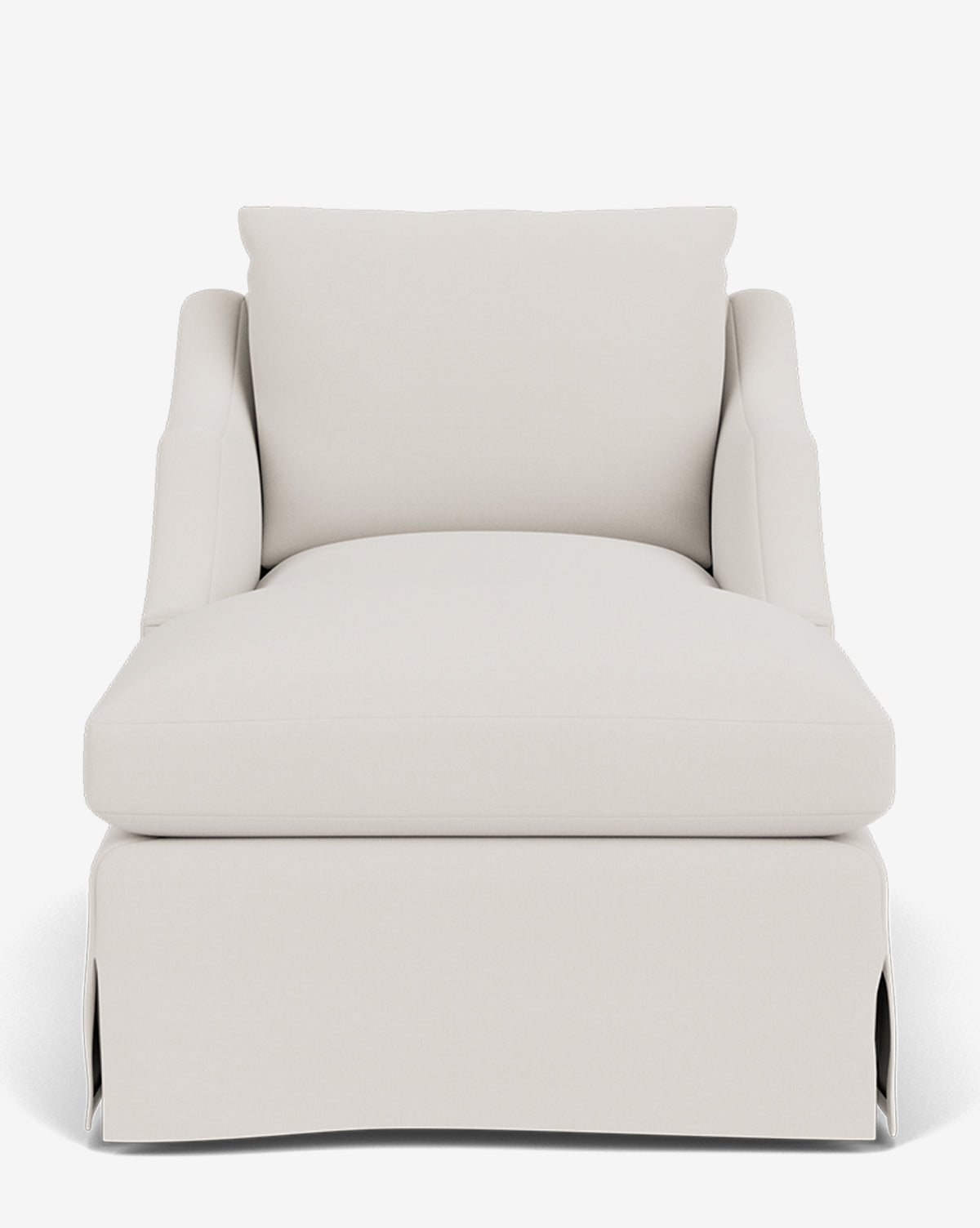 A front view of the Everleigh Slipcover Chaise Lounge, featuring modern white upholstery, a plush seat cushion, a matching back pillow, and a tailored skirt that conceals the legs by McGee & Co.