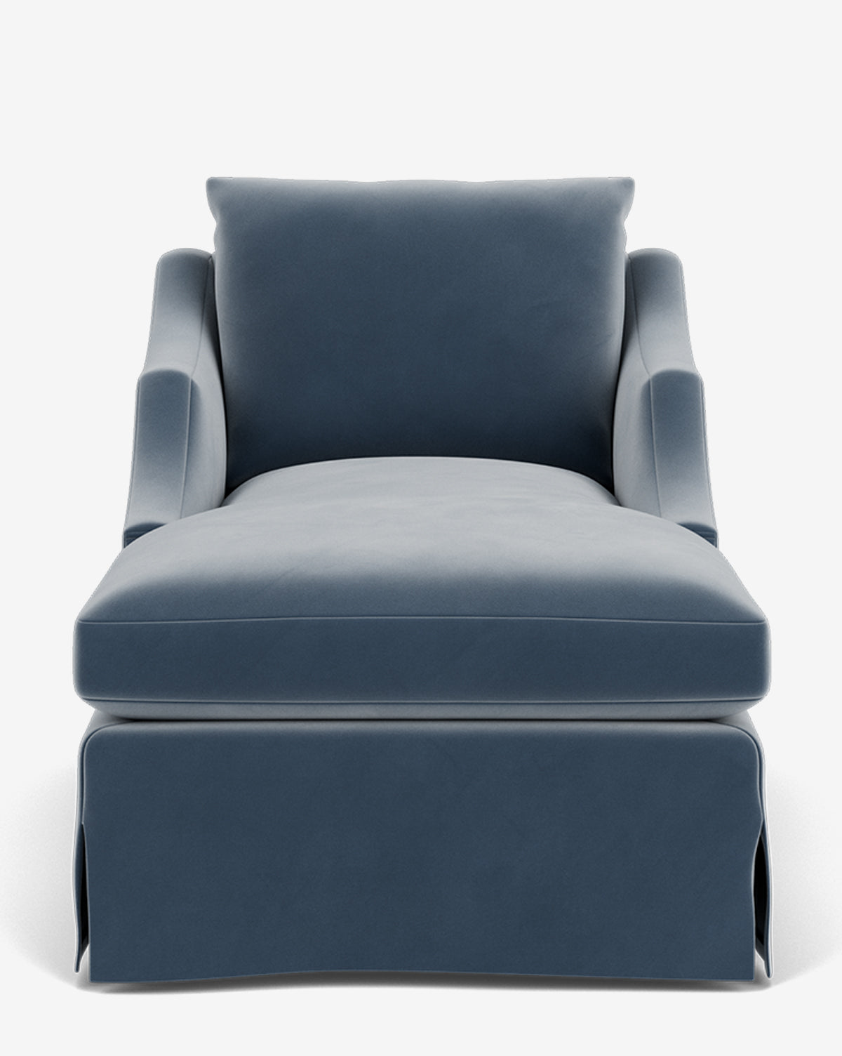 A front view of the Everleigh Slipcover Chaise Lounge, a modern piece with a wide seat, curved armrests, plush back cushion, and skirted base in blue upholstery, displayed against a plain white background by McGee & Co.