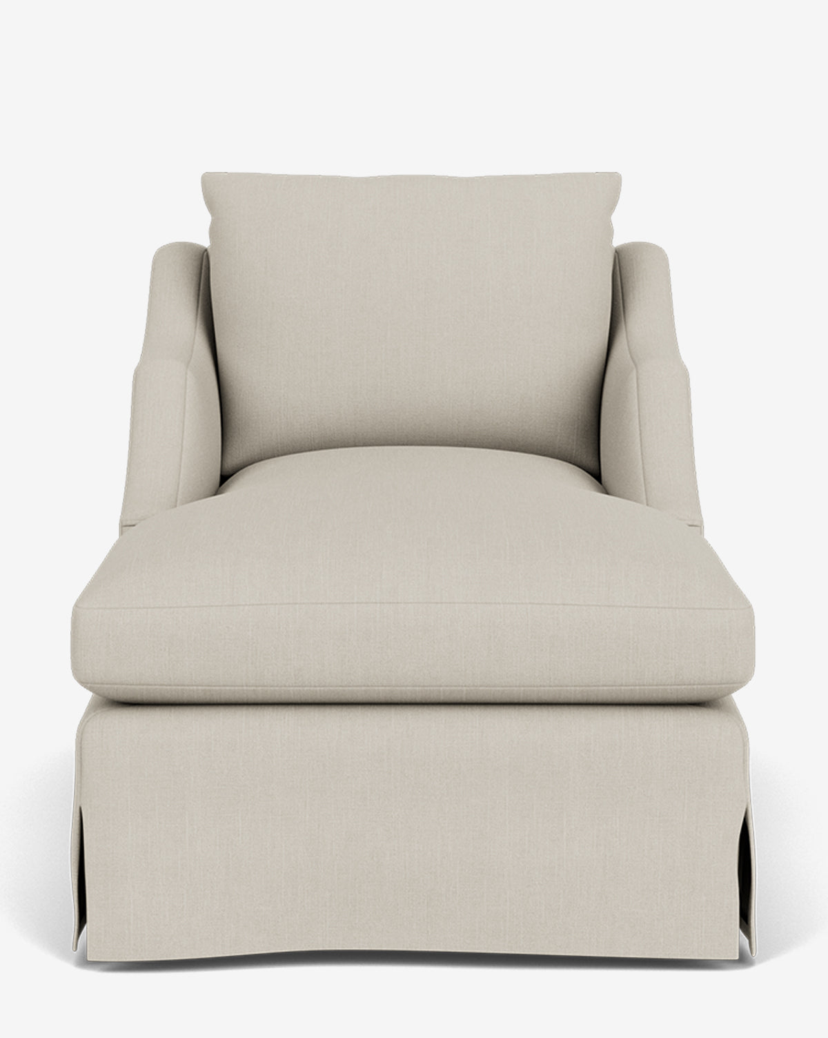 Front view of the Everleigh Slipcover Chaise Lounge, an oversized beige armchair with plush cushioning, skirted base, low flared arms, and soft backrest—ideal as a customizable lounge against a plain white background, by Vendixs