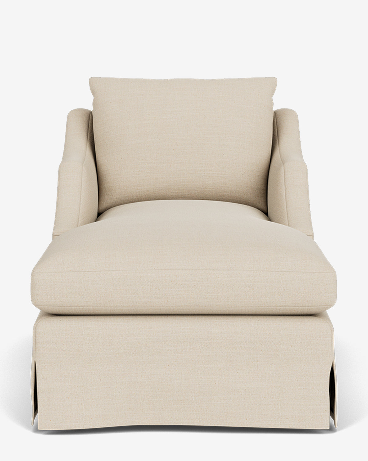 A front-facing view of the Everleigh Slipcover Chaise Lounge, a modern oversized cream chaise with a soft cushion, matching pillow, and tailored skirt—an ideal customizable lounge for any space, by Vendixs