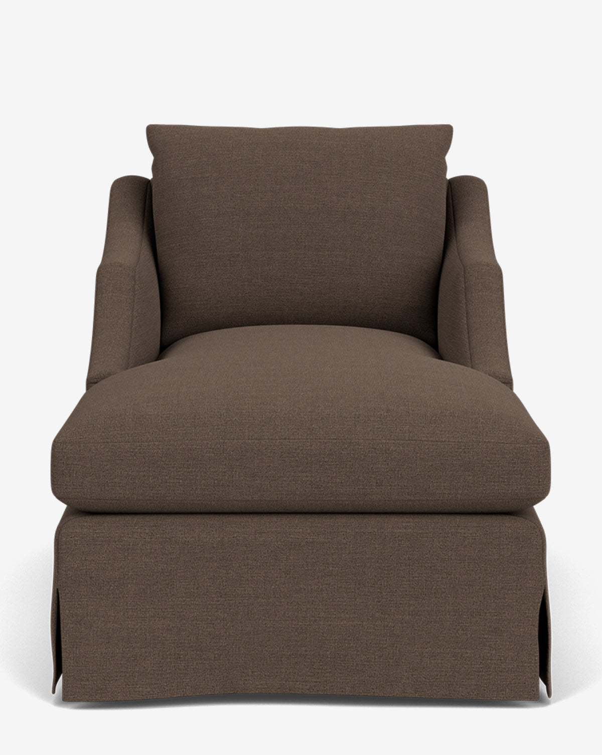 Front view of the Everleigh Slipcover Chaise Lounge, a wide brown armchair with a high back cushion, thick seat, and subtle skirted base—this modern chaise is stylish, customizable, and shown against a plain white background, by Vendixs