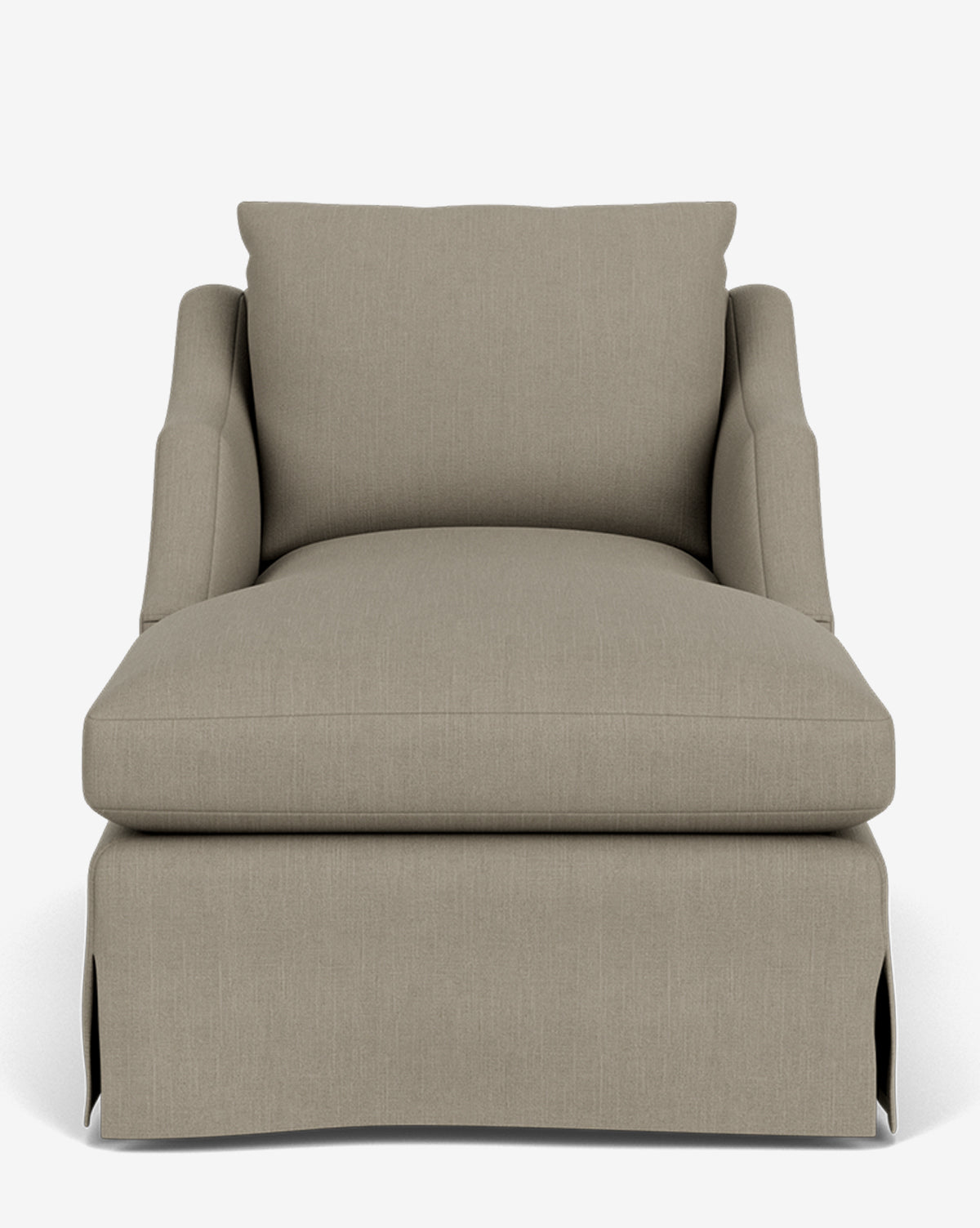 A front view of the Everleigh Slipcover Chaise Lounge—a large, beige upholstered chair with a wide seat, backrest pillow, and skirted base—shows this modern chaise lounge against a plain white background, by McGee & Co.