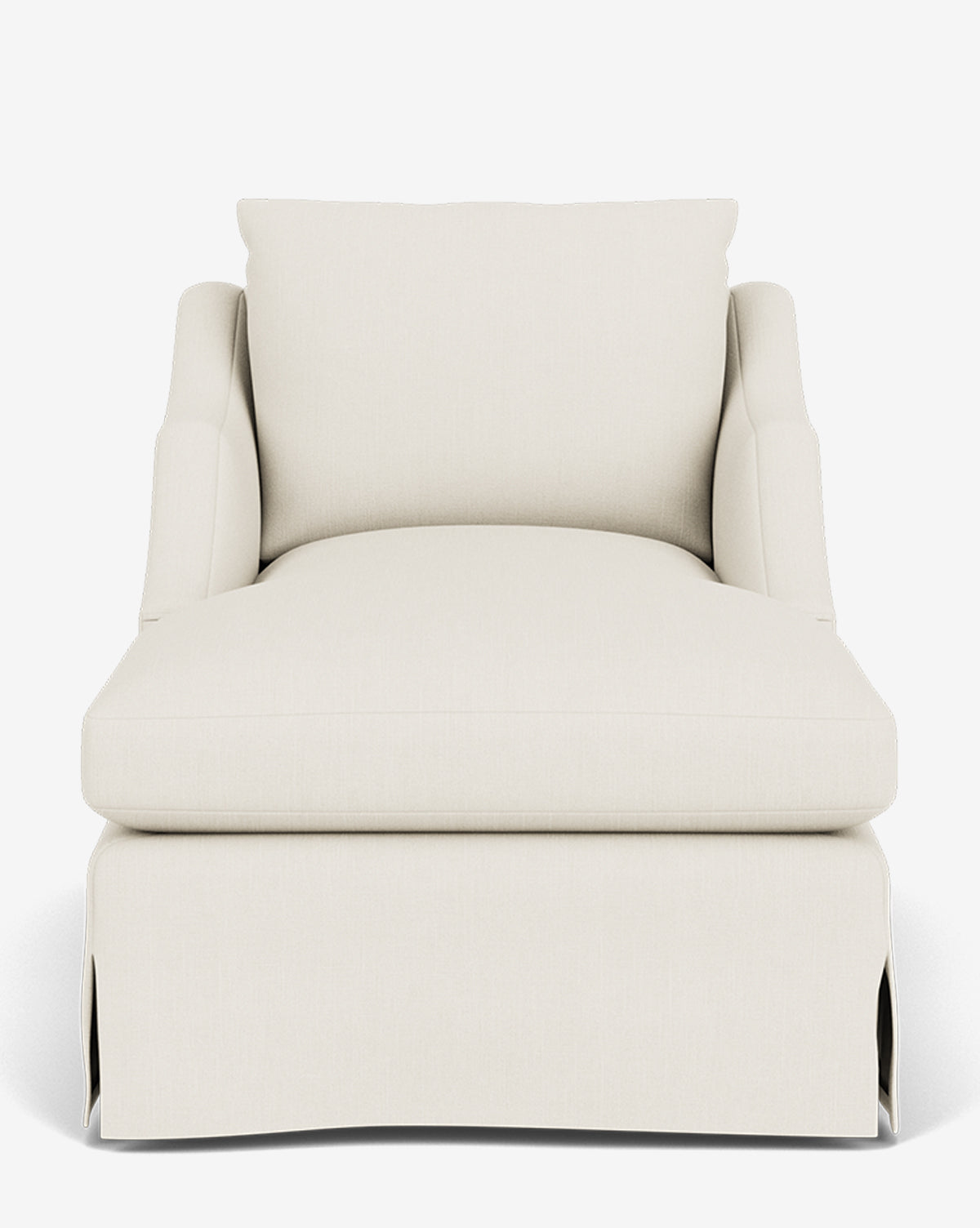 A front view of the Everleigh Slipcover Chaise Lounge, a large beige modern chaise with plush cushions and a skirted base, shown against a white background by McGee & Co.