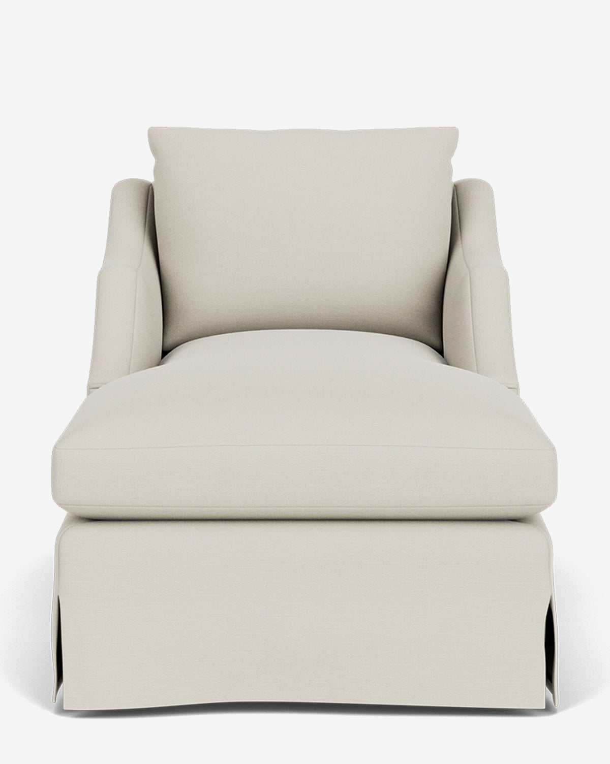 A front view of the Everleigh Slipcover Chaise Lounge, a modern design with a high backrest, wide seat, soft beige upholstery, subtle armrests, and a tailored skirt at the base, by McGee & Co.