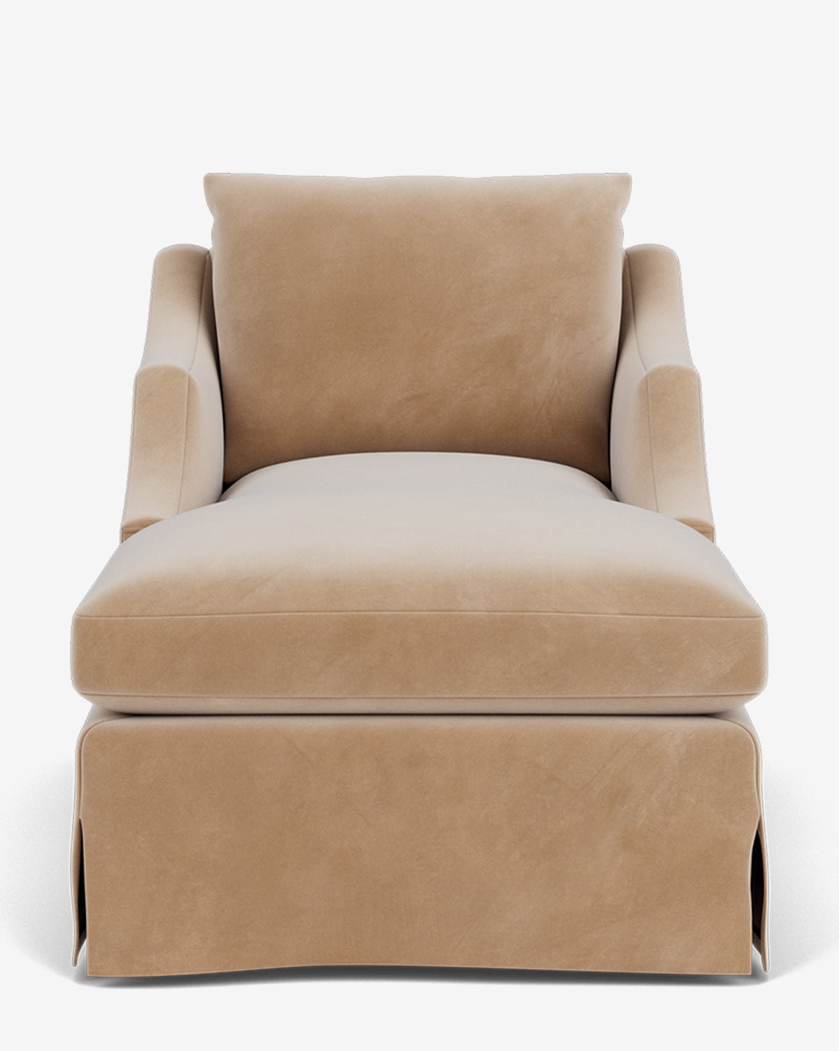 The Everleigh Slipcover Chaise Lounge is a beige, modern chaise with cushioned seat, backrest, and armrests, a tailored skirt at the base, and is pictured against a white background by McGee & Co.