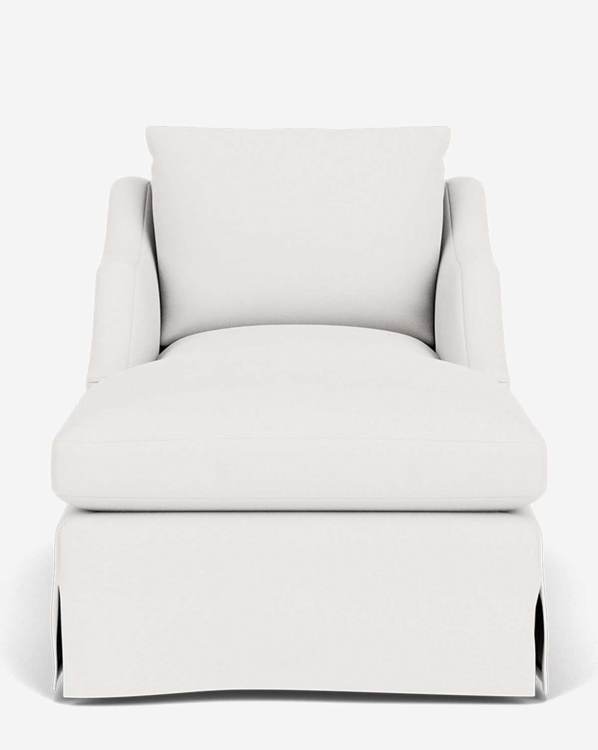Front view of the Everleigh Slipcover Chaise Lounge, a modern piece with white upholstery, cushioned seat and backrest, and a skirted base, displayed against a plain white background by McGee & Co.