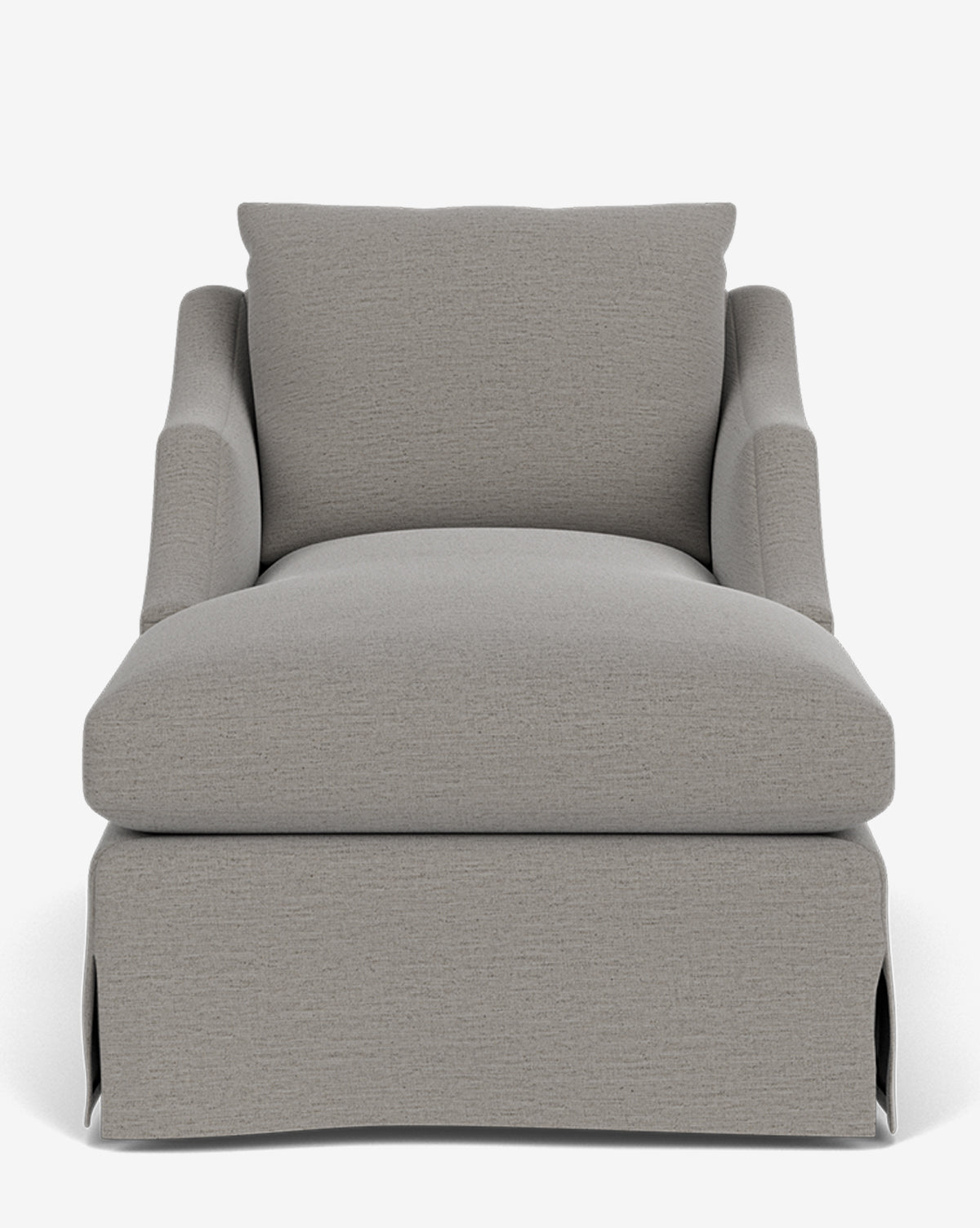 A front view of the Everleigh Slipcover Chaise Lounge, featuring light gray upholstery, a cushion, low angled armrests, and a tailored skirt that conceals the legs, by McGee & Co. Shown against a plain white background.