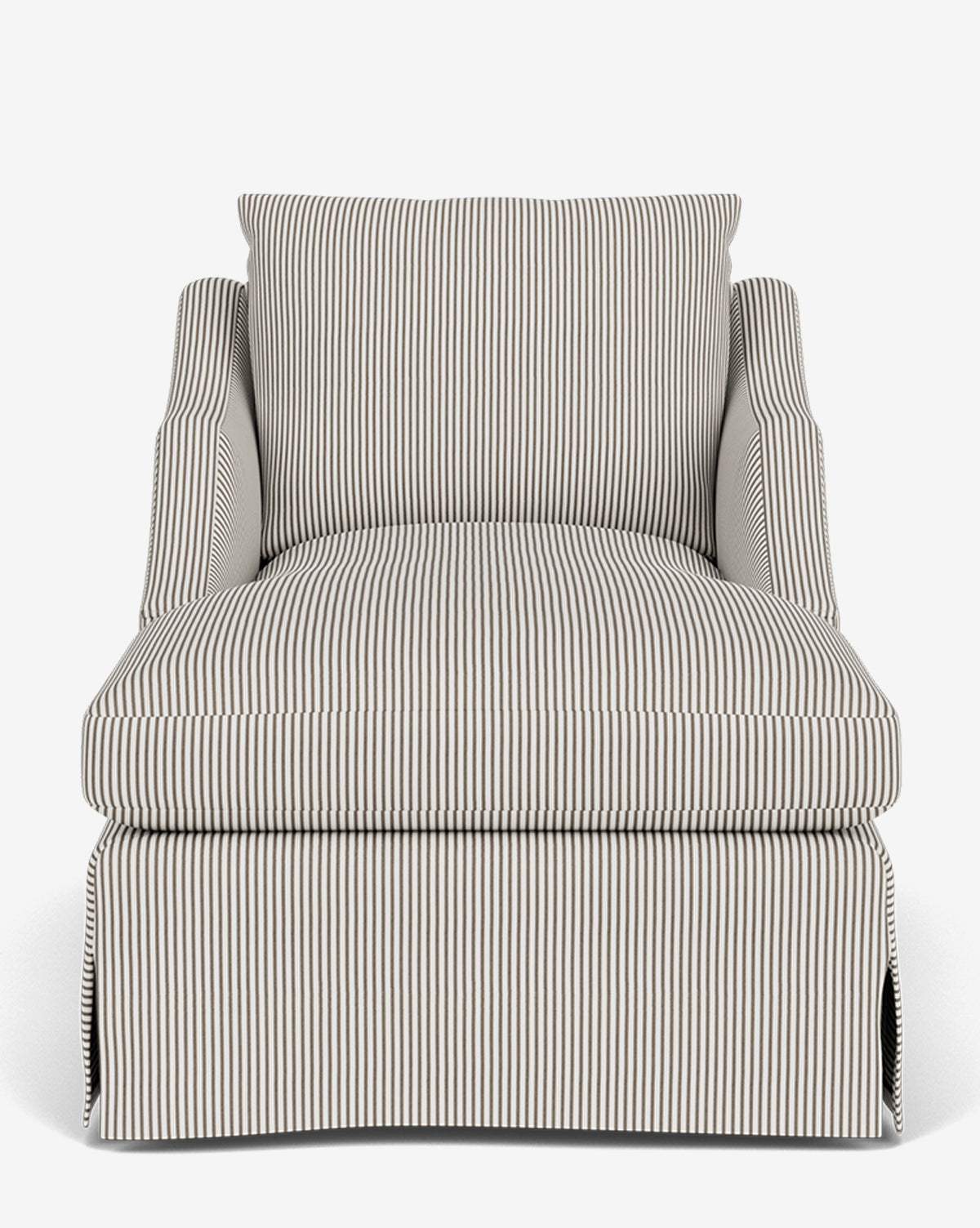 The Everleigh Slipcover Chaise Lounge is a wide upholstered armchair with black and white vertical stripes, plush seat and back cushions, and a skirted base—a modern chaise lounge shown against a plain white background by McGee & Co.