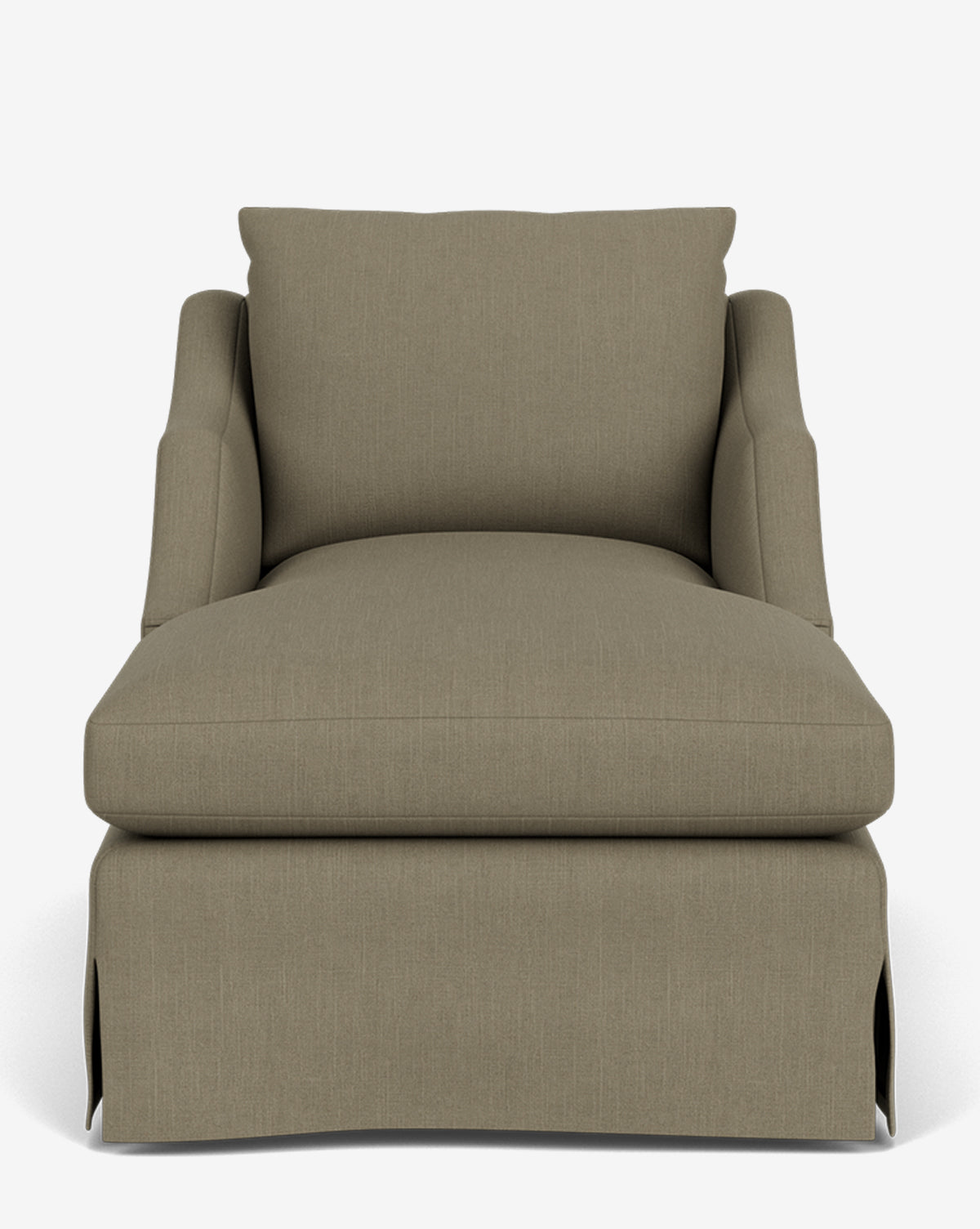 A front-facing view of the Everleigh Slipcover Chaise Lounge, a wide taupe-upholstered armchair with a skirted base and matching pillow, highlighting its modern design against a plain white background, by McGee & Co.