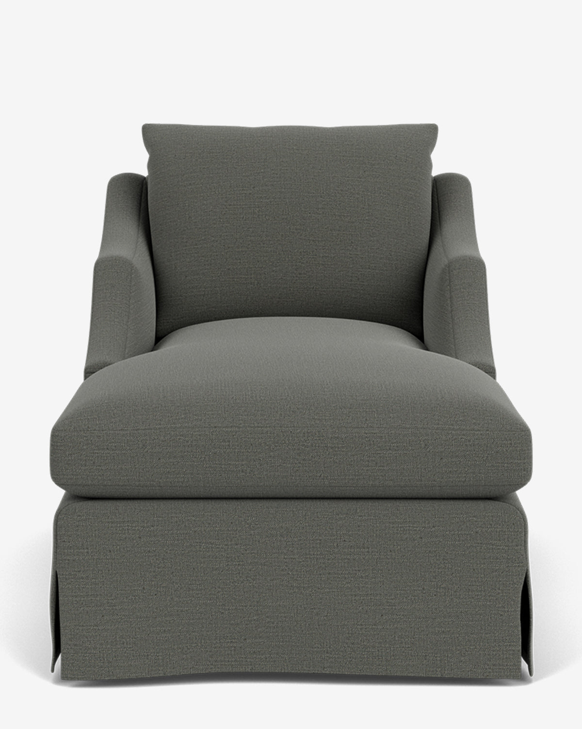 Front view of the Everleigh Slipcover Chaise Lounge, a dark gray upholstered chair with thick seat and back cushions, slightly flared arms, and a skirted base, shown on a white background for a modern customizable look by McGee & Co.