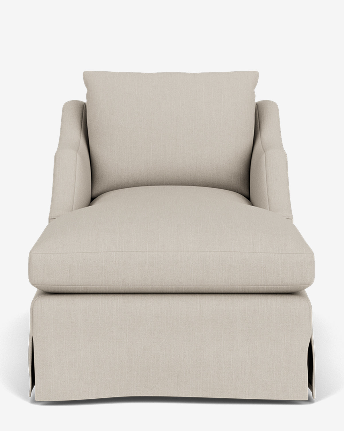 A front view of the Everleigh Slipcover Chaise Lounge, a beige upholstered chaise with plush cushions and a skirted base—ideal for modern lounge spaces—shown against a plain white background, by Vendixs