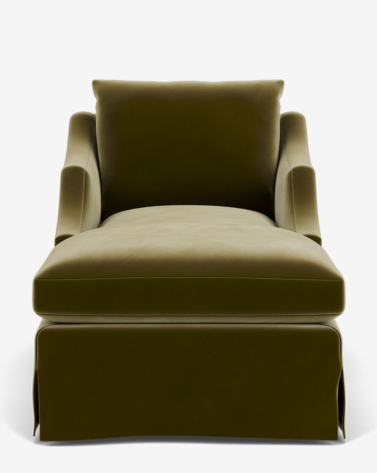 The Everleigh Slipcover Chaise Lounge is a modern olive green chaise with wide cushioned seat, angled backrest, and armrests, upholstered in soft fabric and shown from the front on a plain white background by McGee & Co.