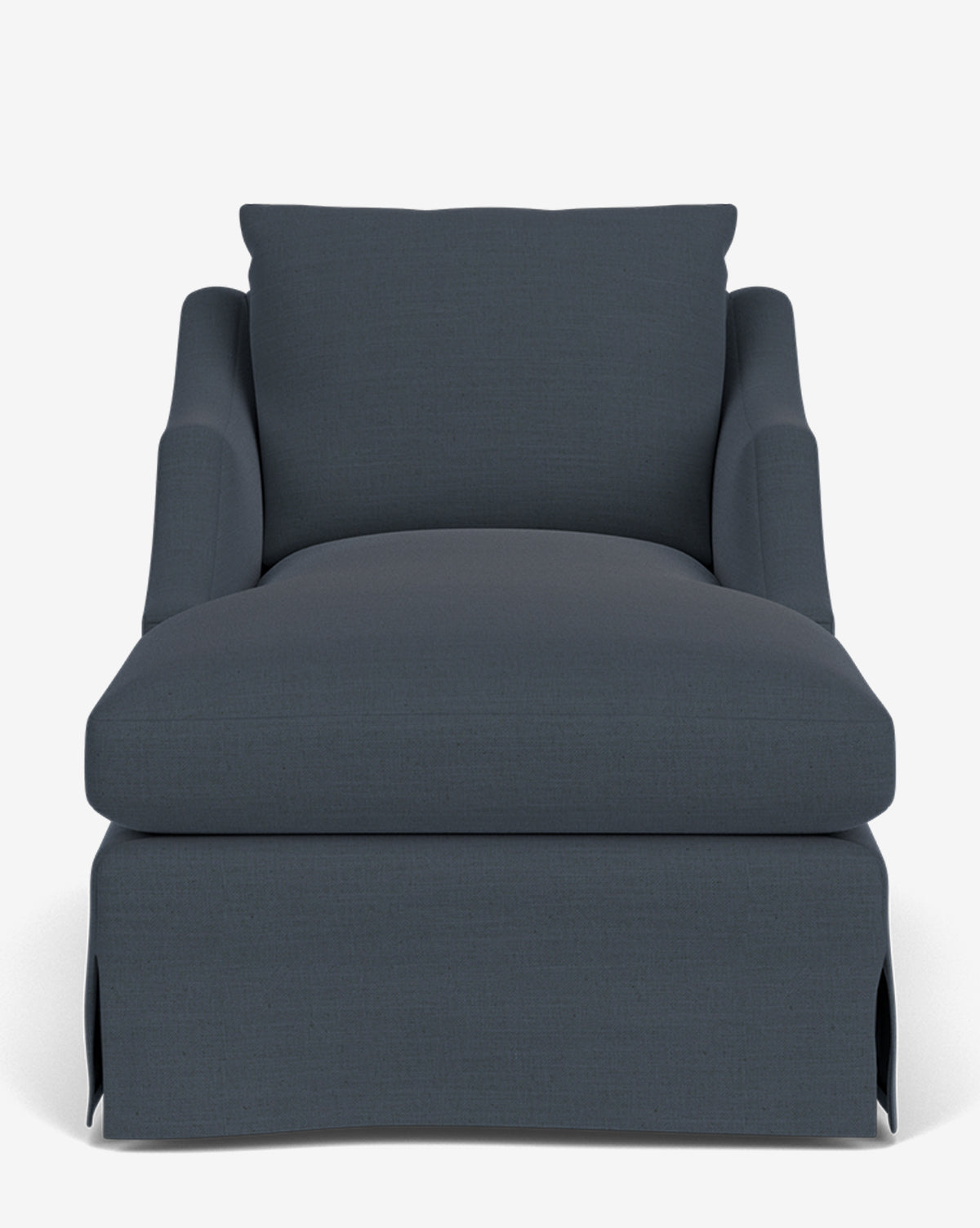 Front view of the Everleigh Slipcover Chaise Lounge, featuring dark gray upholstery, thick cushioning, a matching back pillow, and a skirted base, displayed against a plain white background by McGee & Co.