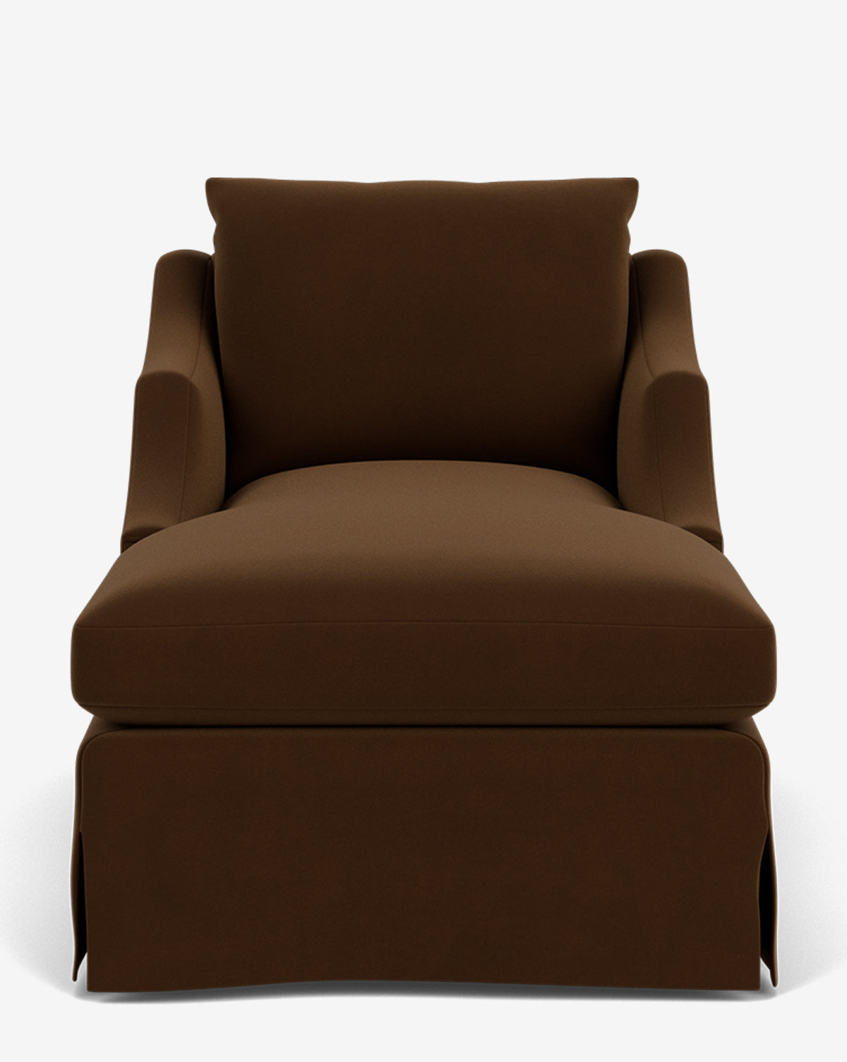 A front-facing view of the Everleigh Slipcover Chaise Lounge, a spacious armchair in dark brown fabric with a skirted base, padded arms, and plush cushions—delivering customizable comfort in any room, by McGee & Co.
