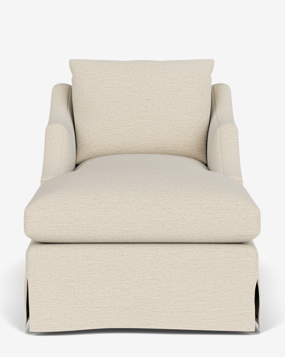 Front view of the Everleigh Slipcover Chaise Lounge, a modern beige-upholstered chaise with pillow and skirted base, shown against a plain white background, by McGee & Co.
