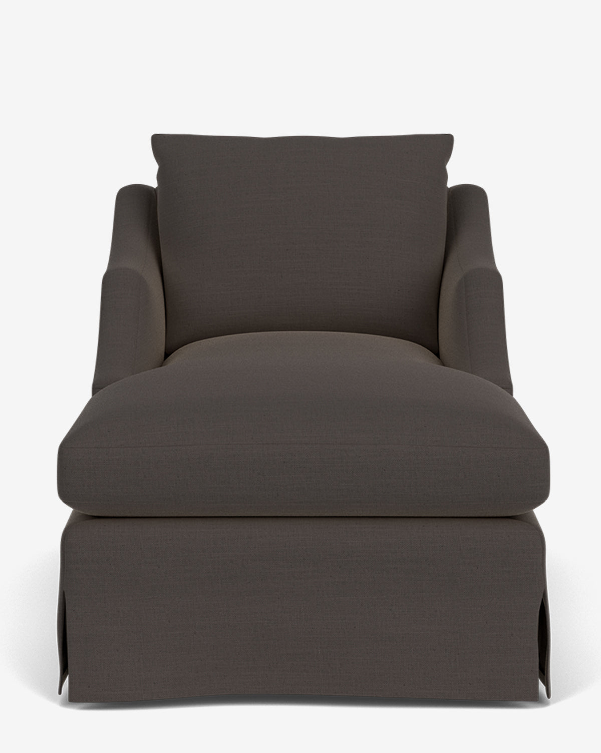 Front view of the Everleigh Slipcover Chaise Lounge, a dark gray, upholstered lounge with plush seat cushion, wide armrests, and a skirted base—this customizable piece adds modern elegance to any space, by McGee & Co.