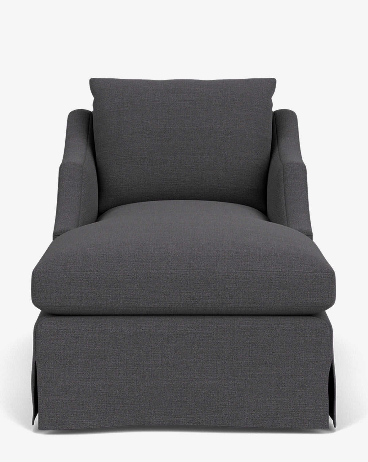 A front-facing view of the Everleigh Slipcover Chaise Lounge, a dark gray modern chaise featuring a wide cushioned seat, soft backrest, and skirted bottom, shown against a plain white background by McGee & Co.