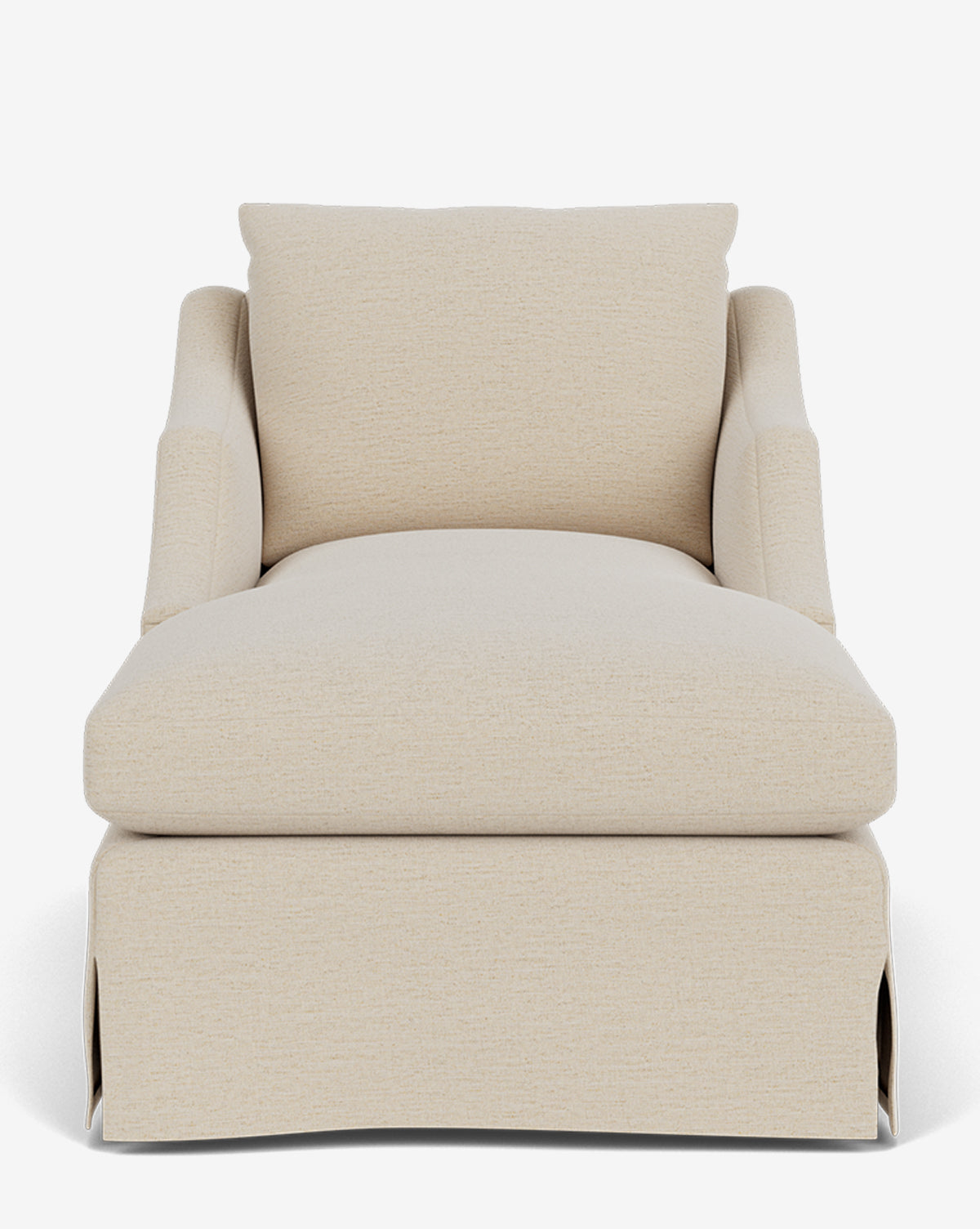 Front view of the Everleigh Slipcover Chaise Lounge in beige with a back cushion, armrests, and tailored skirt base against a white background. This customizable chaise combines comfort with timeless style by McGee & Co.