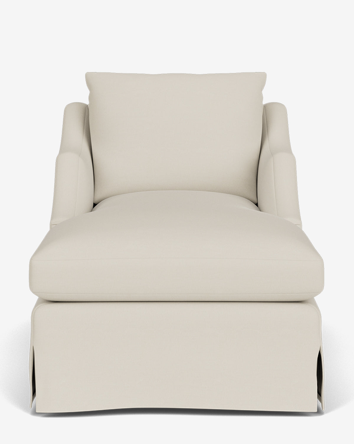 A front-facing view of the Everleigh Slipcover Chaise Lounge, a spacious, cushioned off-white modern chaise with armrests and a pillow-style backrest, set against a plain white background by McGee & Co.