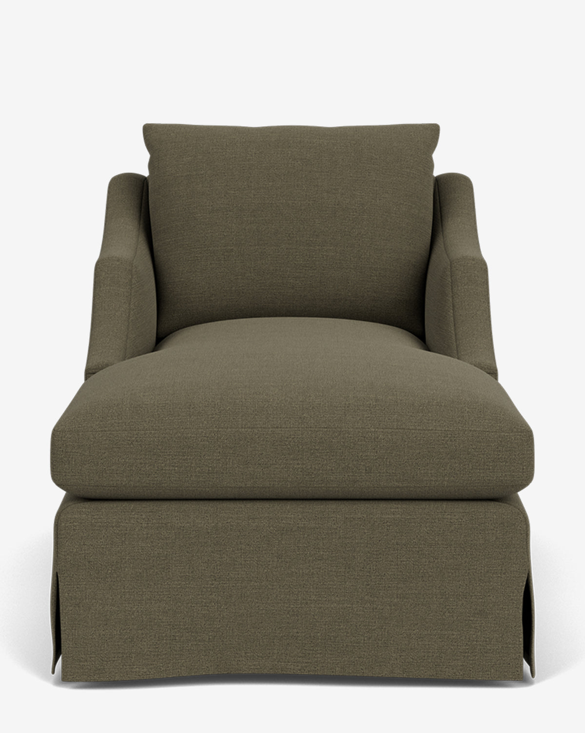 Front view of the Everleigh Slipcover Chaise Lounge, a large olive green modern chaise with wide seat, cushioned back, and armrests, shown against a plain white background by McGee & Co.