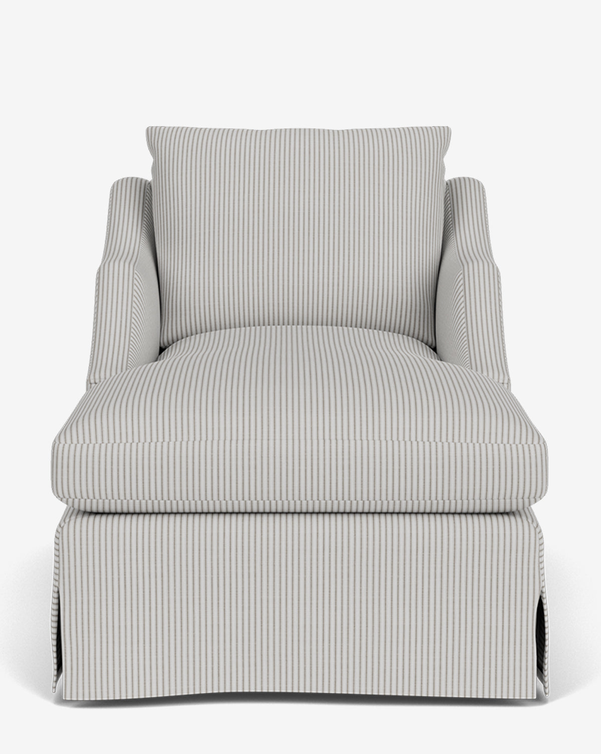 Front view of the Everleigh Slipcover Chaise Lounge, an upholstered armchair with light gray and white stripes, featuring a loose back cushion and tailored skirt for a modern, plush look, by McGee & Co.