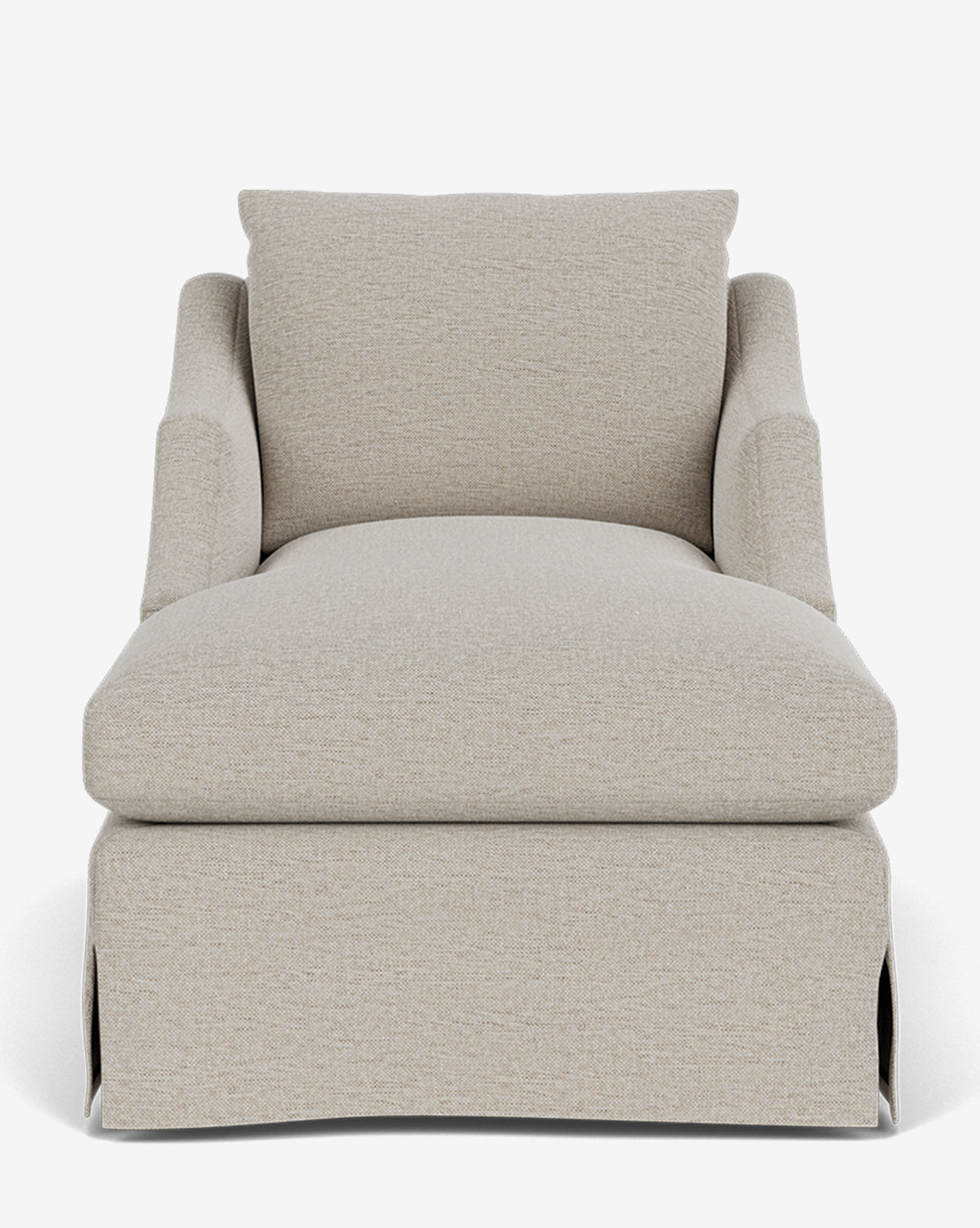 Front view of the Everleigh Slipcover Chaise Lounge, a modern light beige chaise with cushioned seat, backrest, and armrests. Customizable with a tailored skirt base, shown against a white background, by McGee & Co.