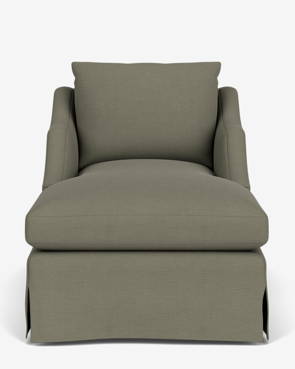 Front view of the Everleigh Slipcover Chaise Lounge, a large olive green modern chaise with wide arms, cushioned backrest, and skirted base, shown against a plain white background, by McGee & Co.