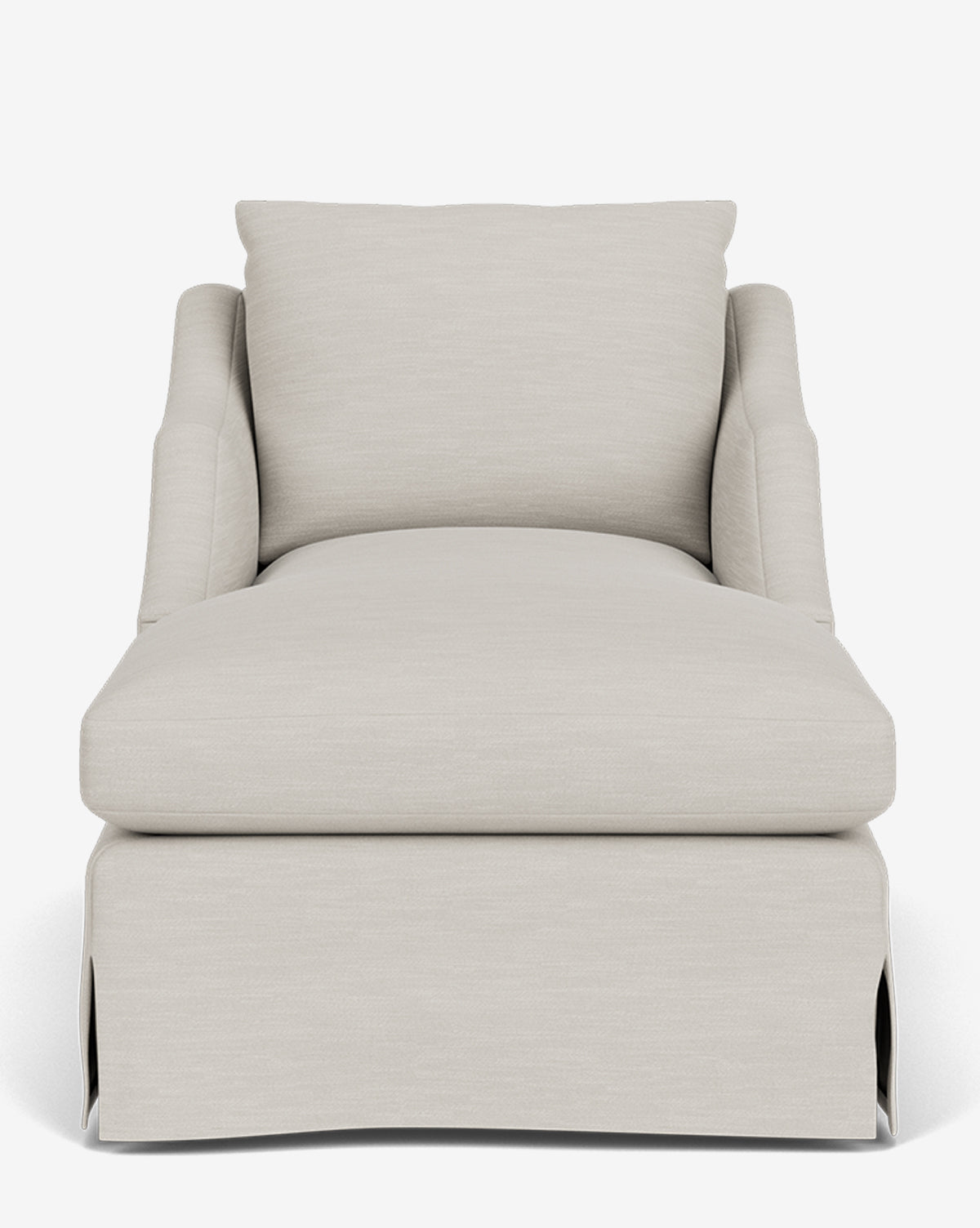 Front view of the Everleigh Slipcover Chaise Lounge, featuring light beige upholstery, a cushioned backrest, and a skirted base, shown against a white background by McGee & Co.