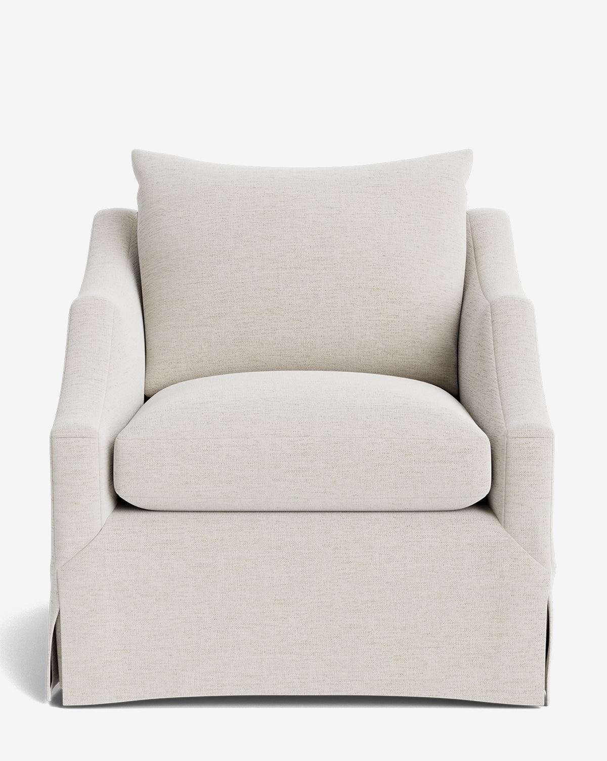 A front-facing view of the Everleigh Slipcover Lounge Chair with light beige upholstery, plush seat and back cushions, slightly curved armrests, and a tailored skirt at the base adds a refined touch to this customizable lounge chair by McGee & Co.