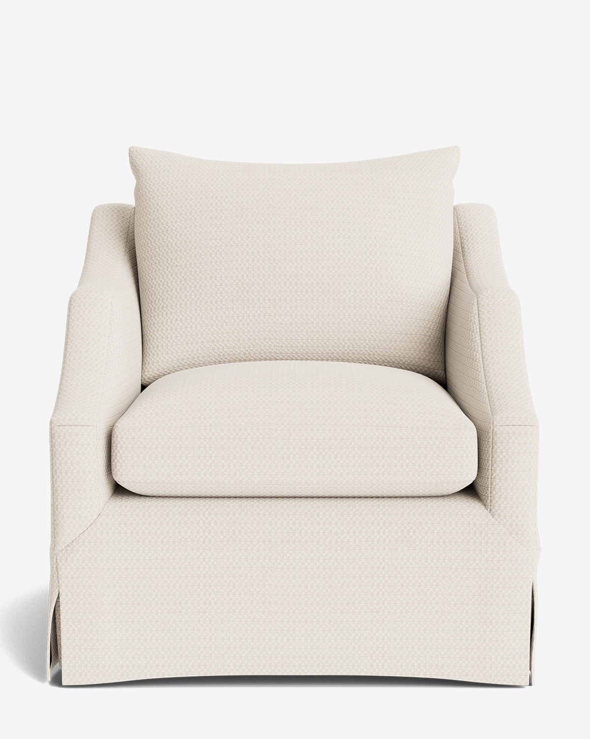 The Everleigh Slipcover Lounge Chair is a cream upholstered armchair with cushioned seat, back, flared arms, solid oak frame, and skirted base, by McGee & Co. This customizable chair offers minimalist modern design against a white background.