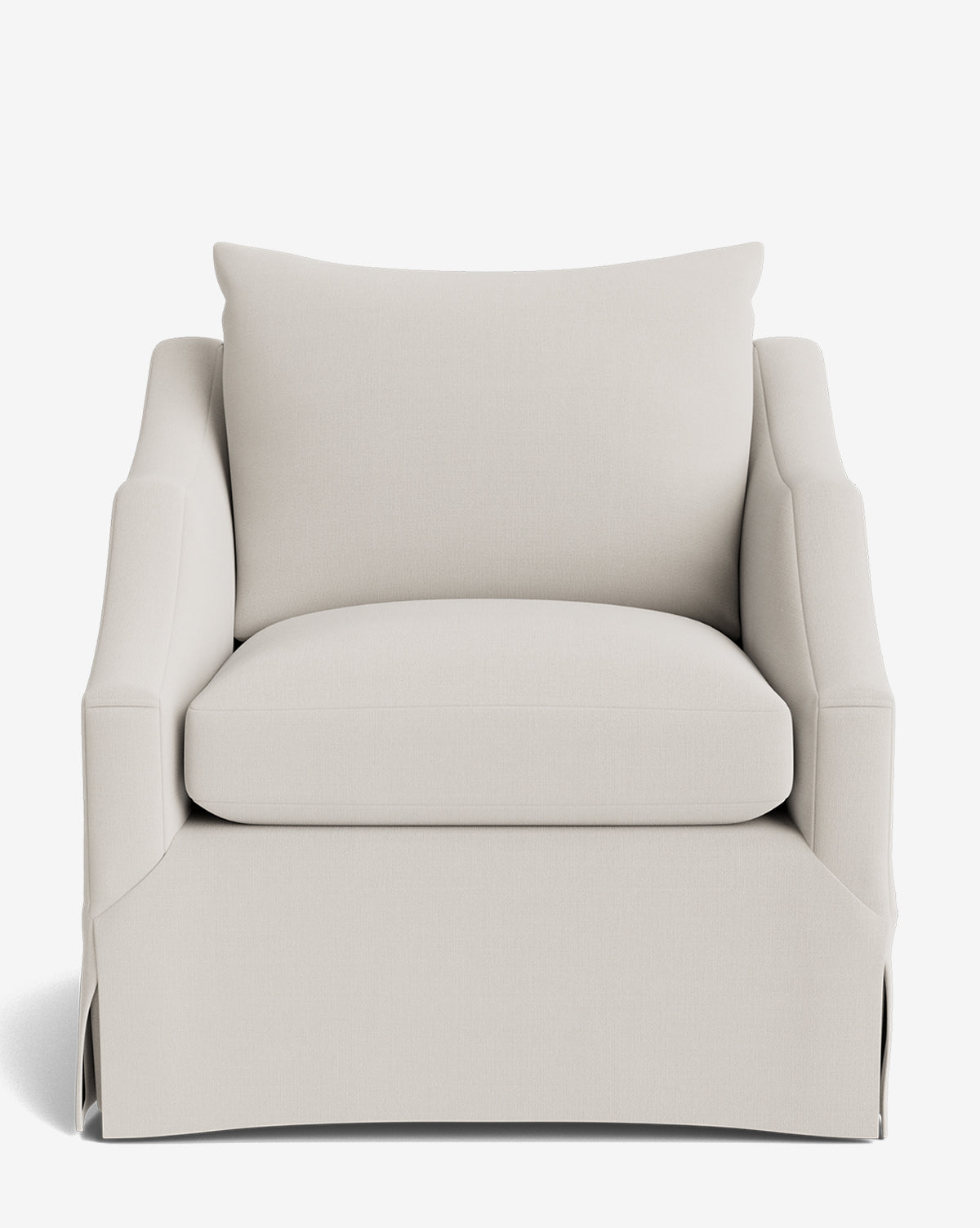 The Everleigh Slipcover Lounge Chair is upholstered in light beige fabric with a wide seat, thick cushion, angled armrests, solid oak frame, and a tailored skirt at the base, shown against a plain white background by McGee & Co.