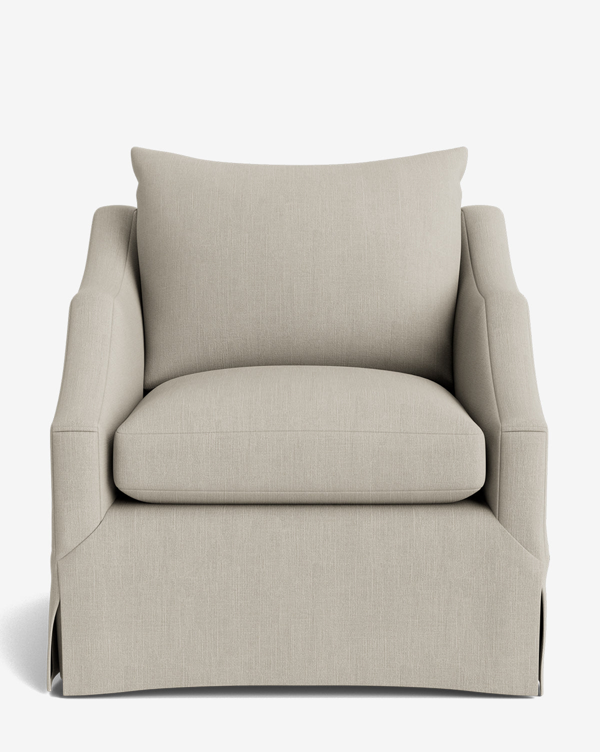 The Everleigh Slipcover Lounge Chair is a beige upholstered armchair with a wide cushioned seat, matching back cushion, gently curved arms, and a tailored skirt at the base, all supported by a solid oak frame and shown from the front on a white background by McGee & Co.