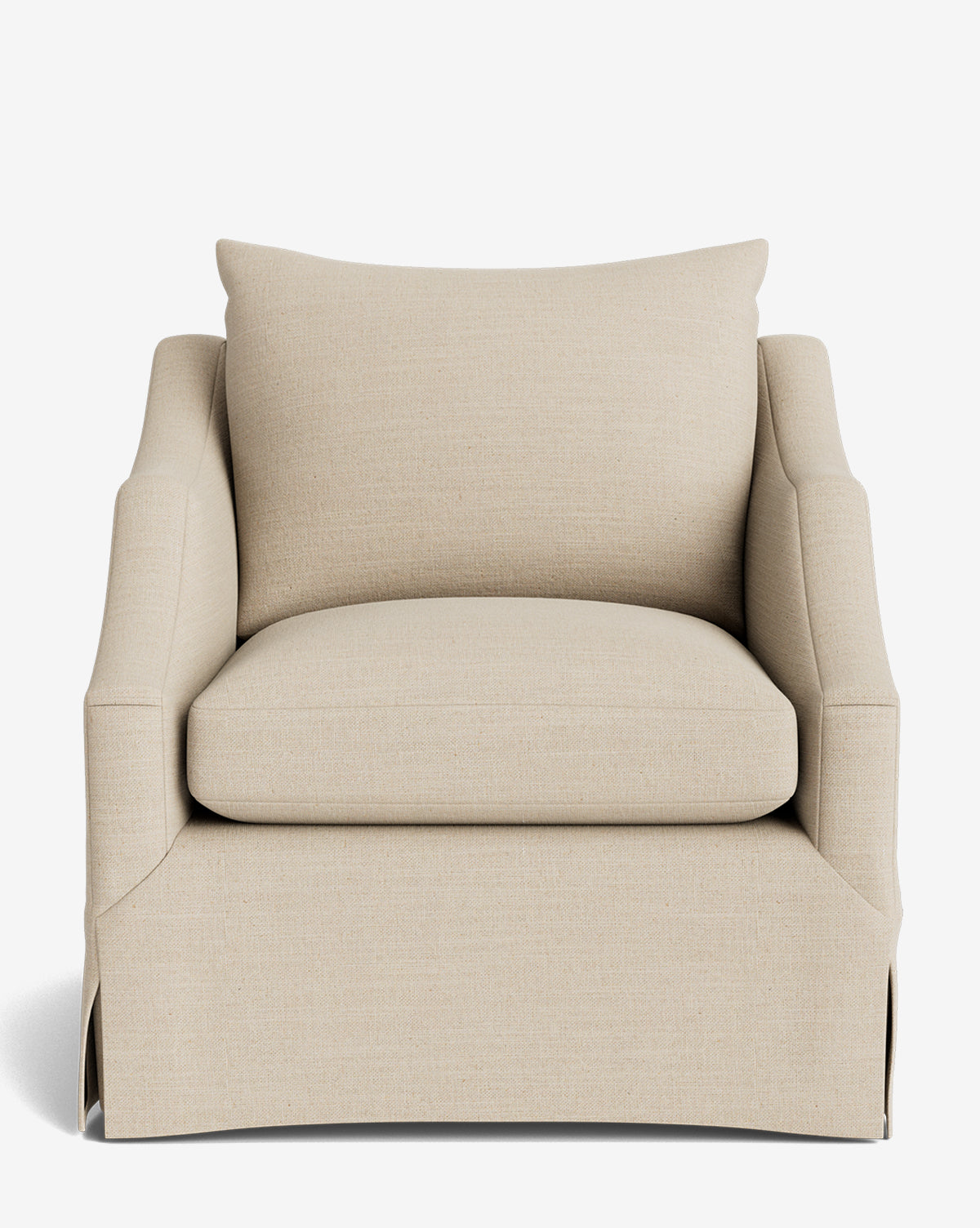 The Everleigh Slipcover Lounge Chair is a beige upholstered armchair with wide arms and a boxy seat, featuring a matching back cushion and a solid oak frame, shown from the front against a plain white background by Vendixs